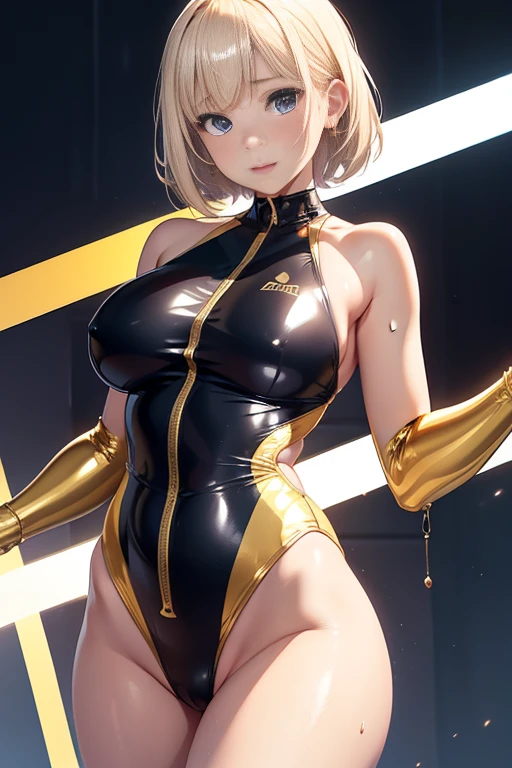 (share)、Open your legs towards the viewer、One cute girl, highest quality、超High resolution、High resolution、Highly detailed CG、8K Unit Wallpaper、19 years old、Beautiful fine details,Large Breasts、Platinum Blonde Hair,Bobcut、Biomechanical ,Grid girl posing on the circuit 、zipper、(Gold metallic swimsuit)、(((One-piece swimsuit with stripes)))、No sleeve、Dark Skin、(Full Body Shot)、(Shiny body:1.3)、 Open your mouth, blush, Sweat,Embarrassed、