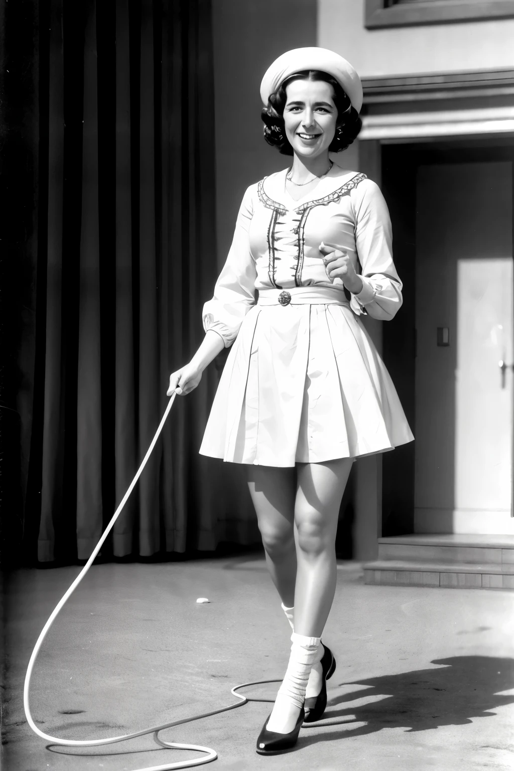 Dona Clotilde holding a skipping rope with an amused expression