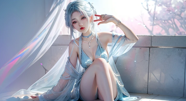 ((Shot in the knee)),（masterpiece、best quality、high resolution），（Color Background，（Splash of Color）），Sweet girl，Light blue and white medium length hair，[Light Blue|pink]hair，curls，Shiny，红pink的嘴唇，The cracks are relatively large，Splash of Color，Volumetric Lighting，Full breasts, elegant gesture, Sexy slender legs