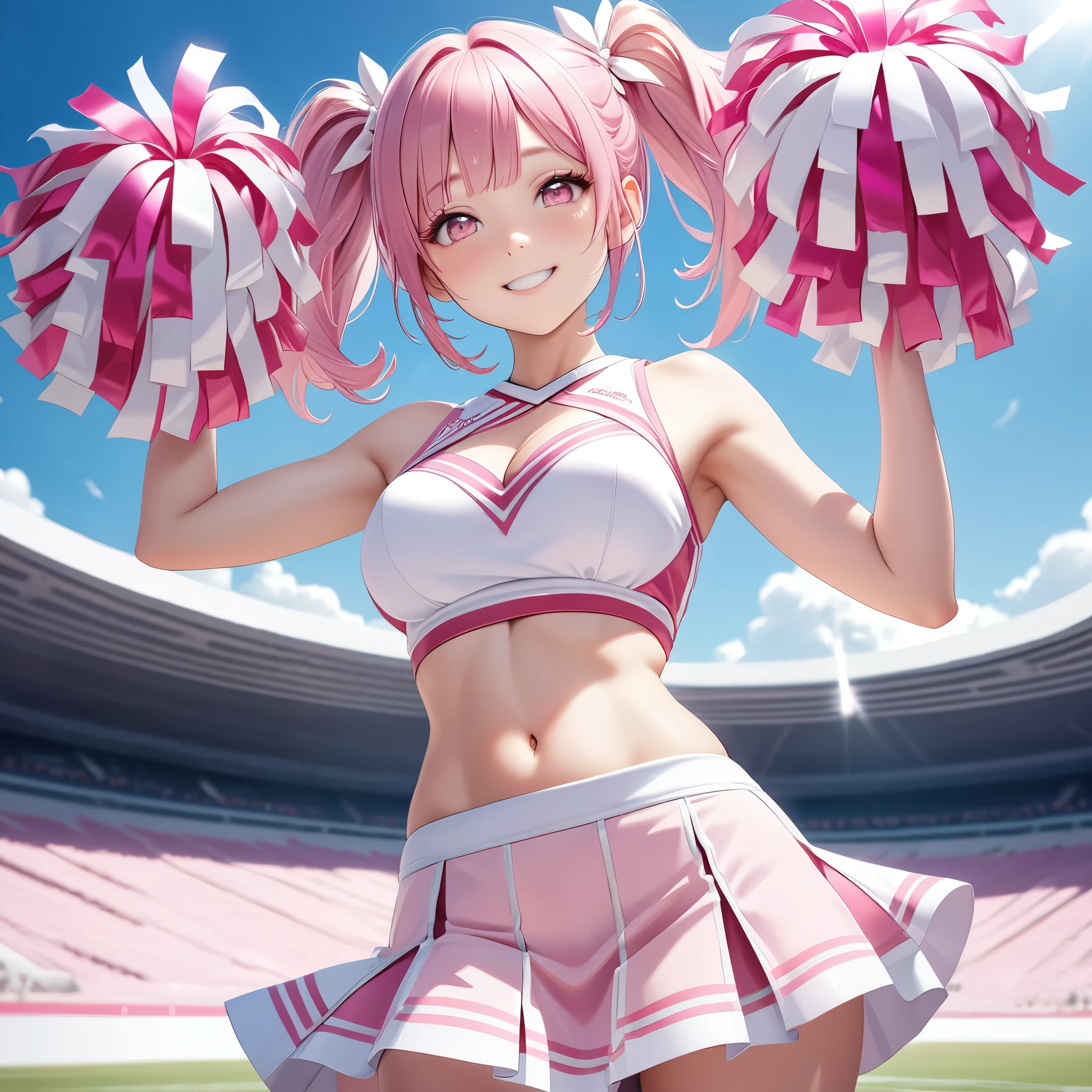 (8K, masutepiece, Best Quality, Official art, beautiful detailed, beautiful lighting, best masterpiece in history that exceeds limits), (1 Girl, Solo), (sixteen years old), (beautiful detailed face), (shiny white skin), (Beautiful big bust, cleavage:1.3), (thighs, navel), (beautiful detailed pink twin tails hair, Bangs:1.3), (beautiful detailed drooping pink eyes:1.5), (beautiful detailed Cute Cheerleader Costumes, white short length shirt, Pastel pink short skirt,:1.3), (Cute Pastel pink Cheerleader Pompoms), break,
(happy Smile:1.3), (Charm, Looking at the camera, Cute pose, standing), breathtaking scenery, (ultra detailed realistic Beautiful white stadium, blue sky:1.2),