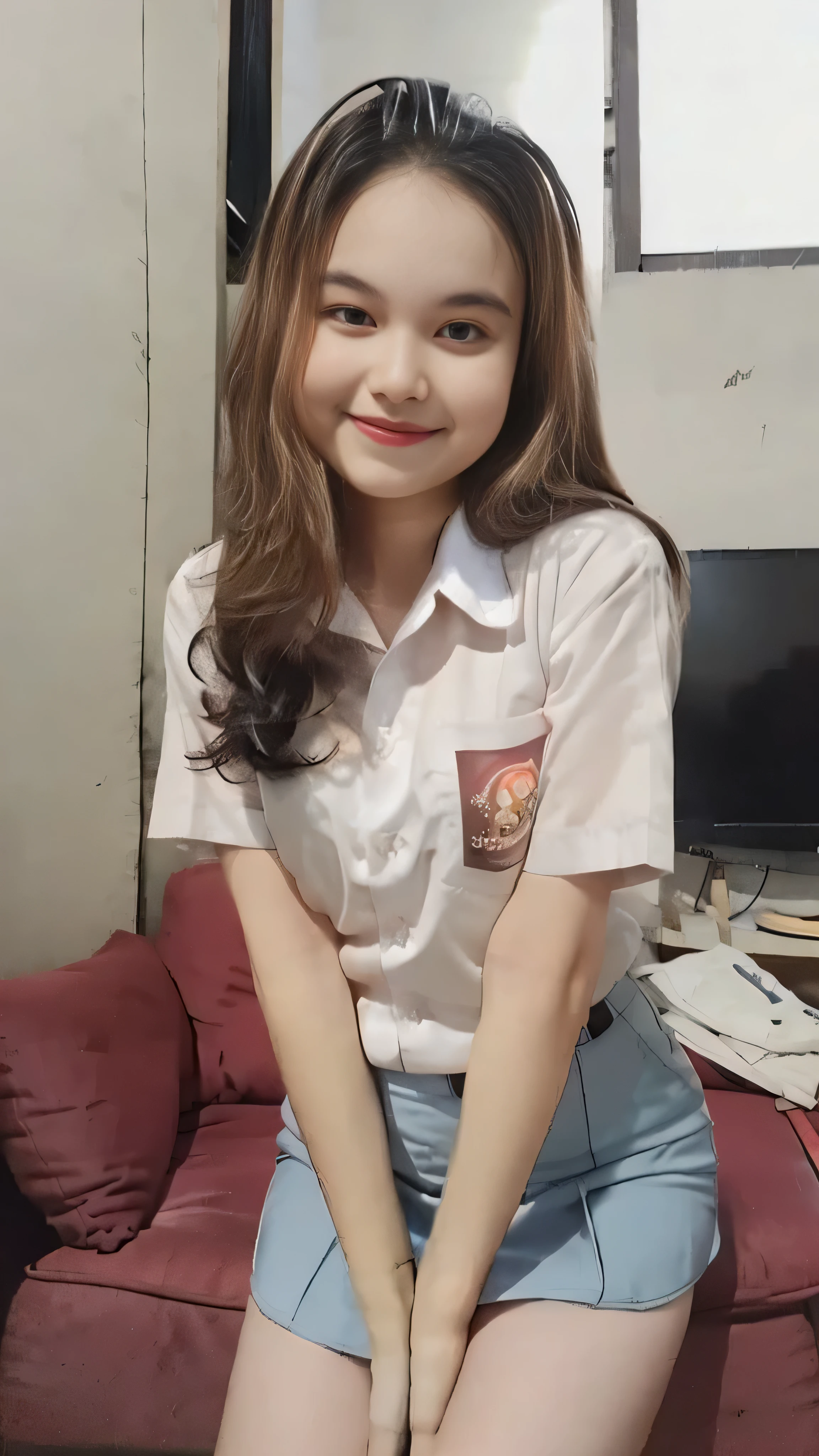 (8k, RAW photo, best quality, mastery:1.3), (realistic, photo-realistic:1.37), (looking viewer:1.331), posing Seductively, living room, soft light, 15 year old girl, short body, beautiful thighs, smaller chest, brunette hair, long hair, smile, white shirt, short sleeves, blue mini skirt