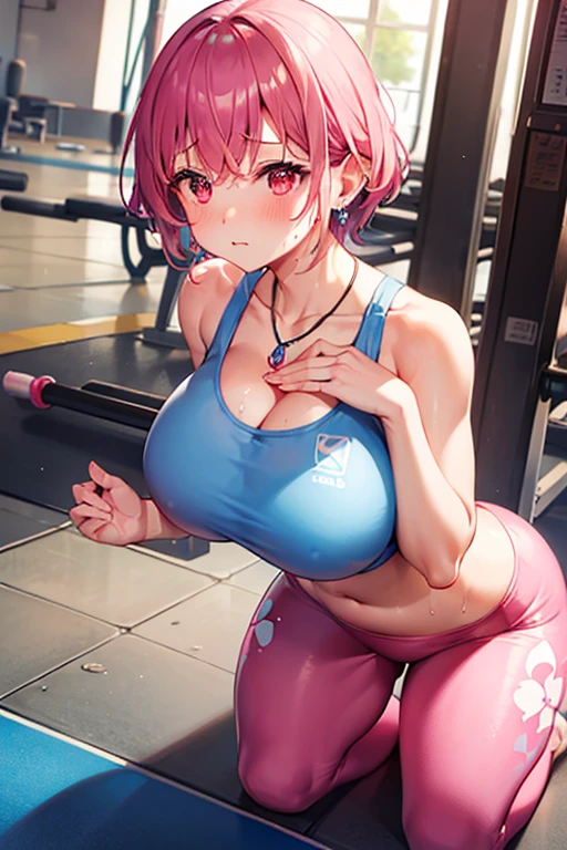 Reflection of the rising sun Fitness Gym Yoga Mat、Sweaty、Light blue fitness wear Use English characters、Floral Pink leggings、Umbilical cord prolapse、 Pink Wavy Short Hair、watch、Huge boobs Plump、Sapphire Earrings、Sports Necklace、Underarm Kneel、Kamimei、Red eyes、Embarrassed face