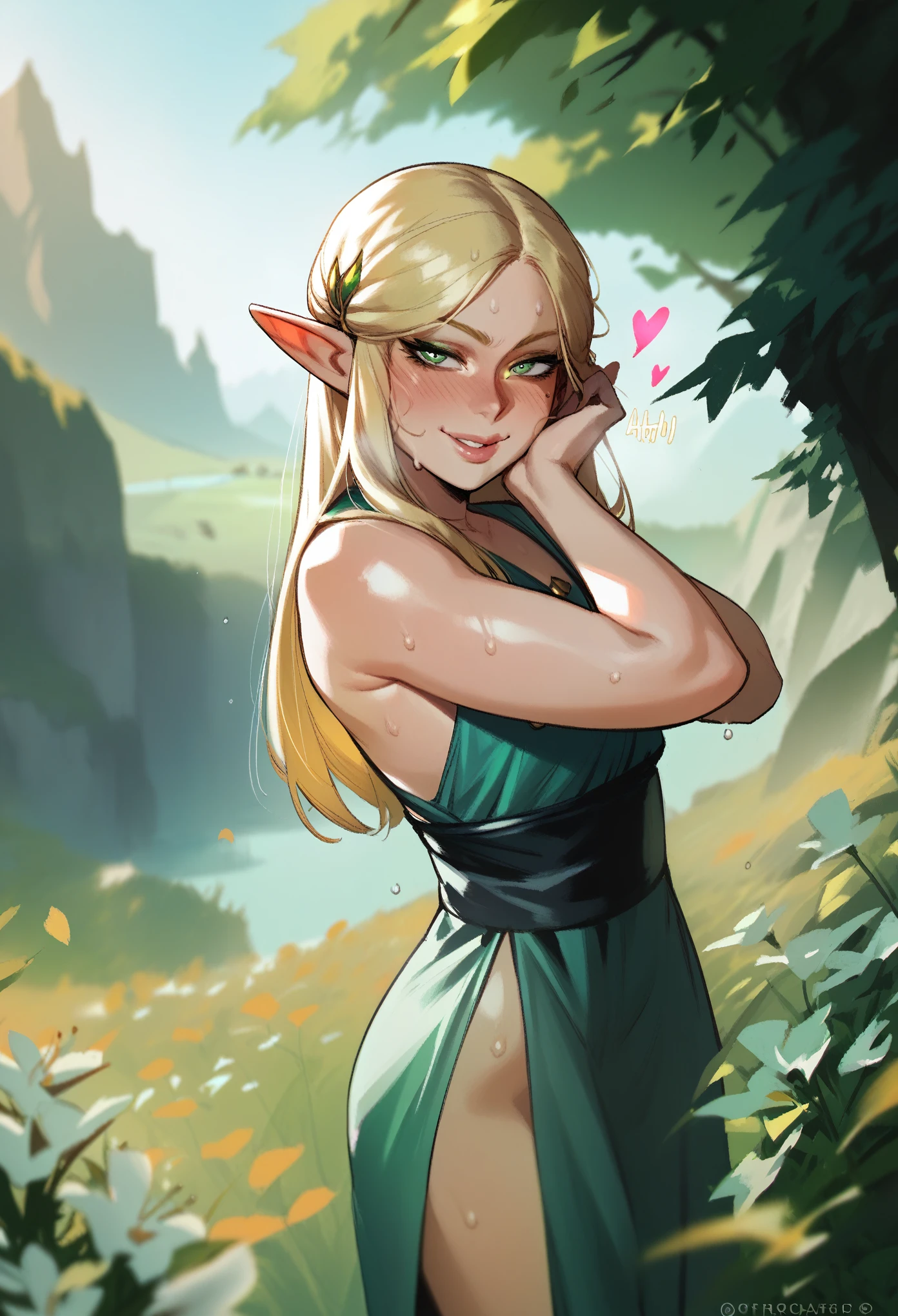 score_9, score_8_up, score_7_up, score_6_up, score_5_up, score_4_up, ((low depth of field)), , (beautiful landscape), BREAK, pretty green elf woman with long blonde hair, horny face, desire, sweat, green eyes, closeup, attractive smile, (heart shape), thin summer dress, perfect slim body