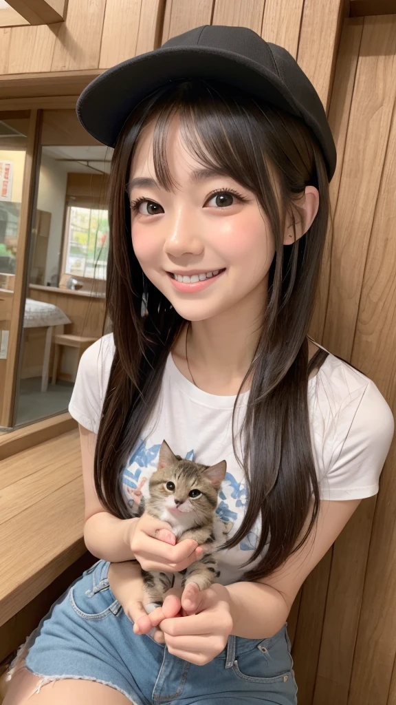 Close-up shot , Best image quality (8k, High resolution, masterpiece: 1.2), Very detailed,  215 Short Hair, 16-year-old female, 

situation: Observing animals at Asahiyama Zoo in Japan。
clothing: Casual T-shirt and shorts、Wear sneakers at your feet。Wearing a hat、Twin tail hair。
angle: With animal exhibits in the background、Shooting from the side。Observe animals through glass、Close-up of a dog reaching for an animal。
Face close-up

, Random cute poses ,Big eyes ,Puffy eyes ,  Heart Pupil, blush  , Big shy smile , salute

