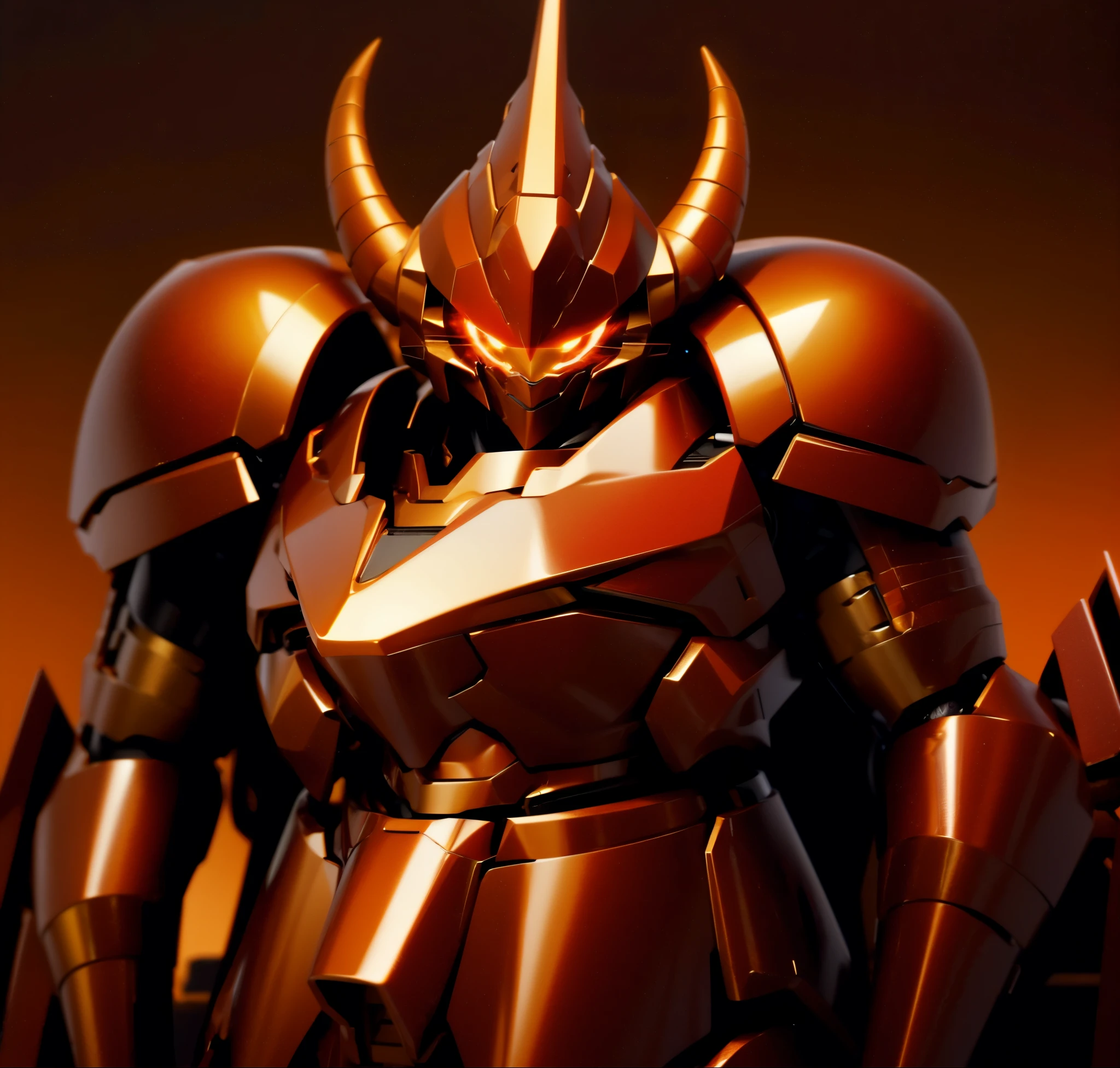 Robot, red mono eye, red body, high quality, golden horns on head, heavily armored,Robot, red mono eye, red body, high quality, golden horns on head, heavily armored, reddish-black shoulders, arm armor is an austere shade, sunset background,