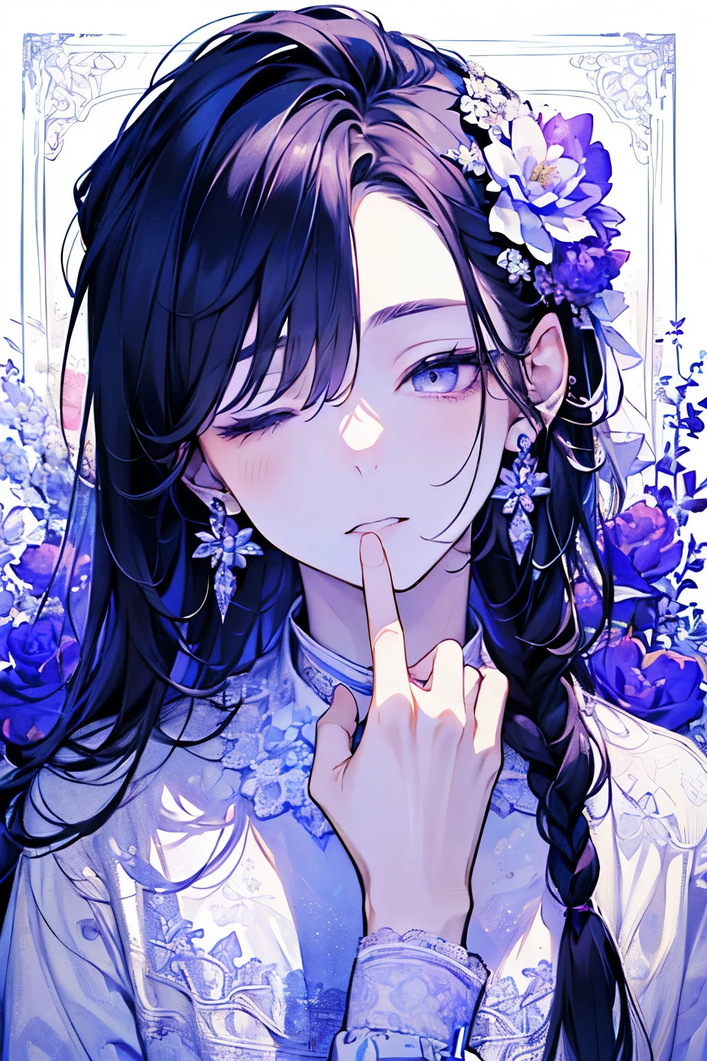 ((17years old man:1.2)), masterpiece, best quality, braid hair, black hair, (half up and half down hair:1.1),(portrait),white wedding dress,(pop and cute flower pattern background), (perfect hands),(NAVY,purple,white),looking front,((Large and gorgeous earrings:1.1)),(With eyes closed, waiting for a kiss:1.35),((hand to own mouth:1.2)),((upper body)),((Looking up:1.2)),
