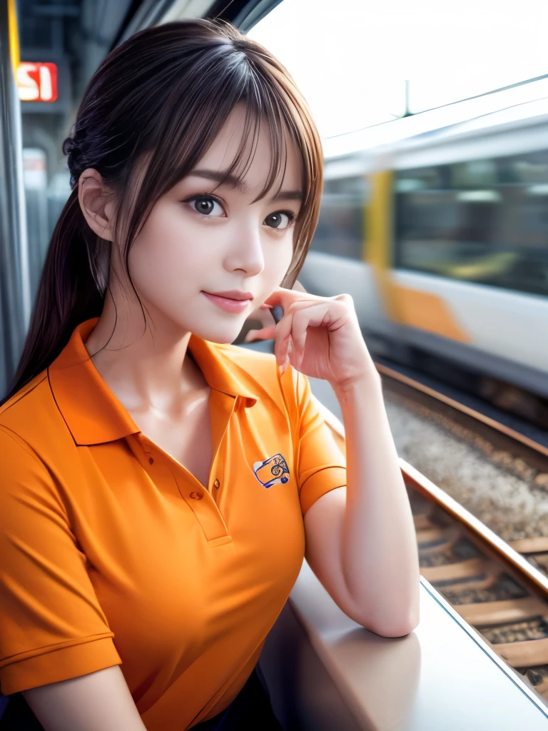 masterpiece, Realistic photos (1 cute Japanese star) Reverse hair, light makeup, Middle breast size, (Orange polo shirt), Hyperrealistic:1.5, At the train station, Canon EOS Clear Facial Features, 16k, High resolution, Sharp and realistic details, Exposure, interrupt, 超High resolution, High resolution, highest quality, Physically Based Octane Rendering, Ultra high definition, glance at the viewer, Proud face,