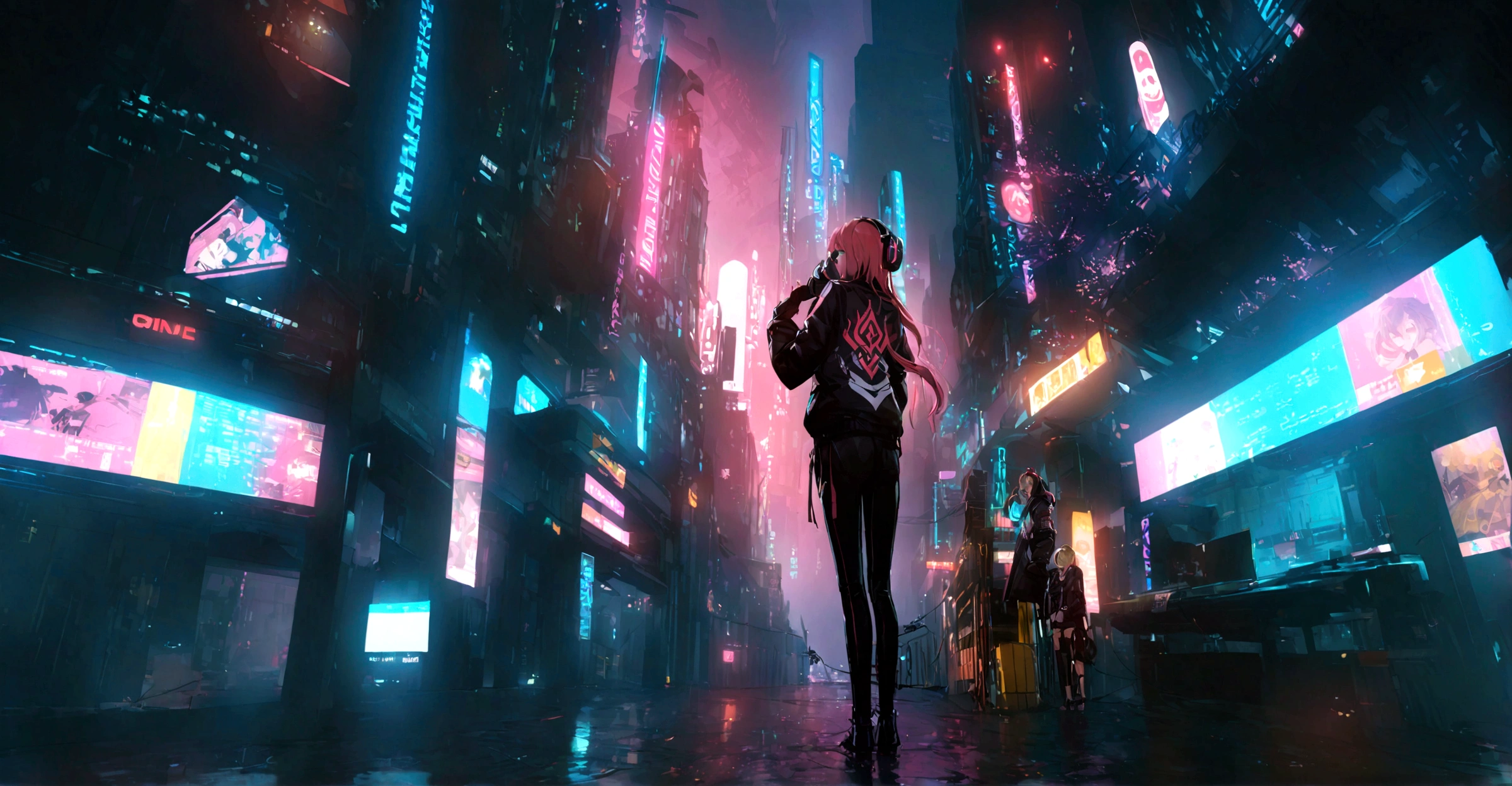 highest quality、masterpiece、night、Headphones、cyber punk、Cyber City、One Girl、Long Shot、Wide Shot