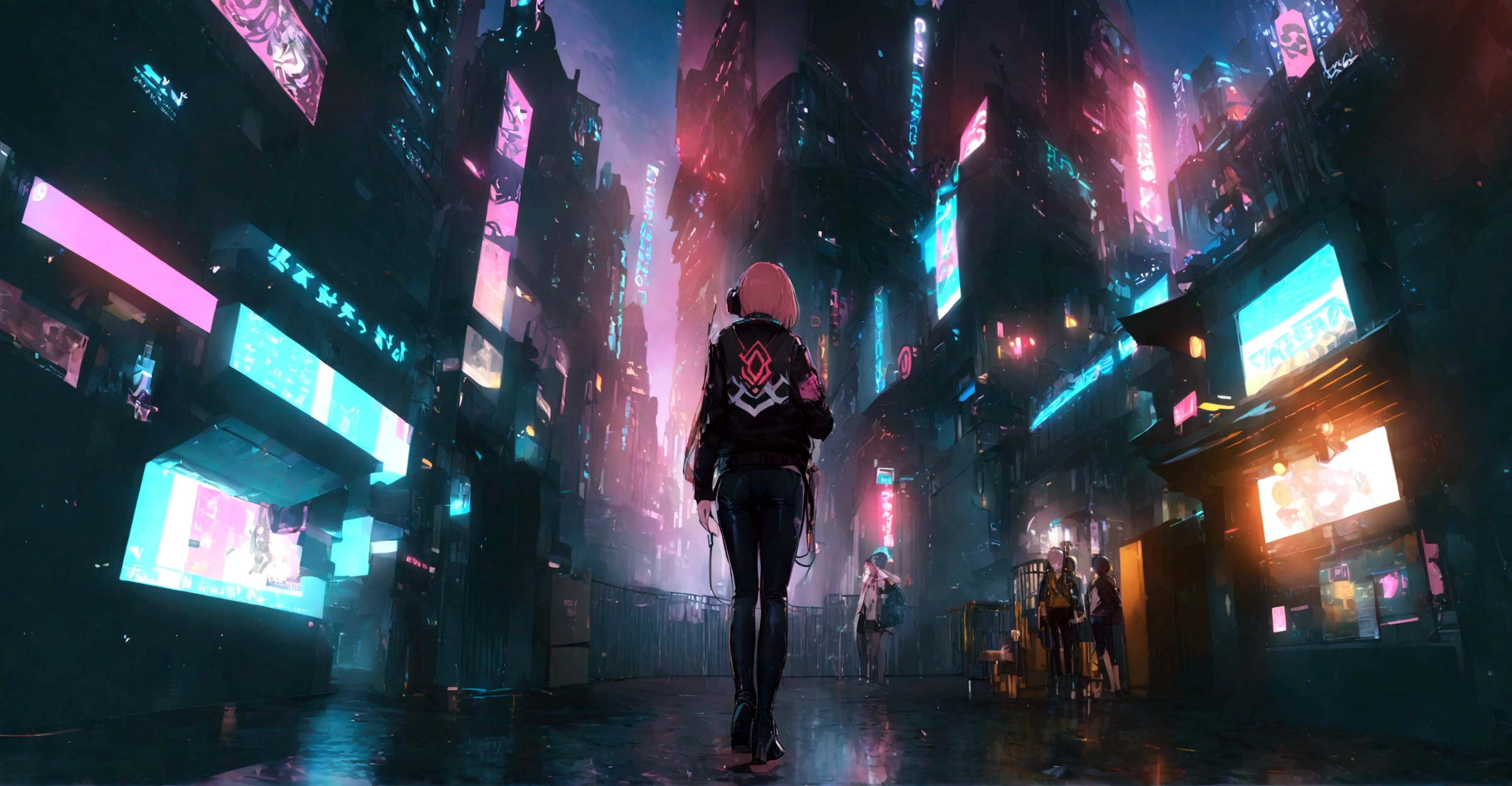 highest quality、masterpiece、night、Headphones、cyber punk、Cyber City、One Girl、Long Shot、Wide Shot