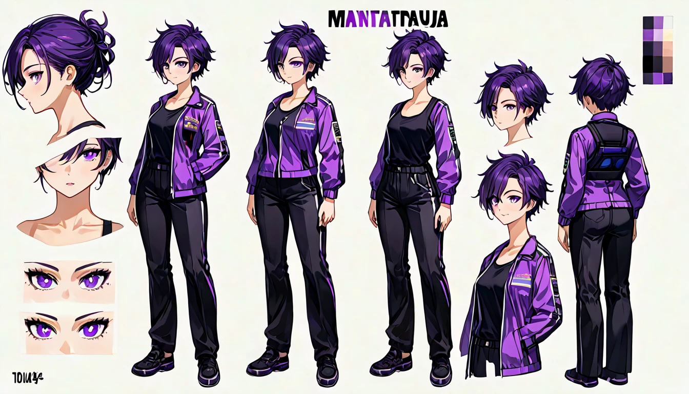 ((masterpiece)),(((best quality))),(character design sheet, same character, front, side, back), illustration, 1 girl, tomboy, mature, sexy, smart, hair color black, hairstyle short, eyes pupil purple, short purple jacket, black tank top, black chokers, black headphone, black long pants, black shoes , (simple background, white background: 1.3),