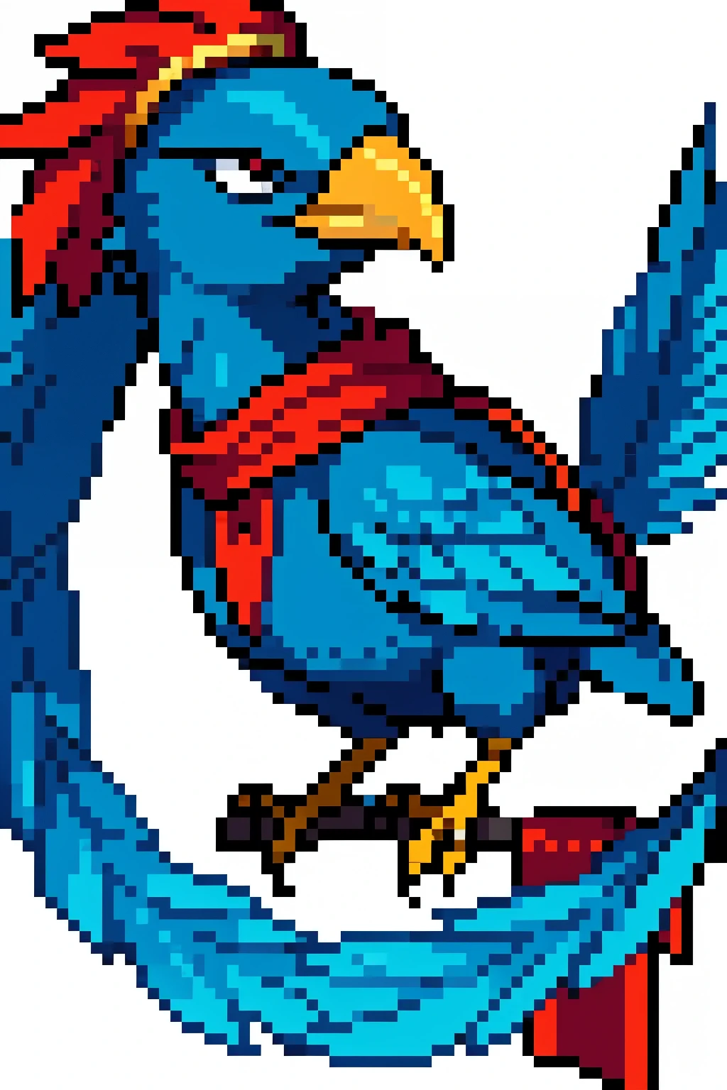 a humanoid bird the size of a  with completely blue feathers, an orange beak and a red bandana on its head