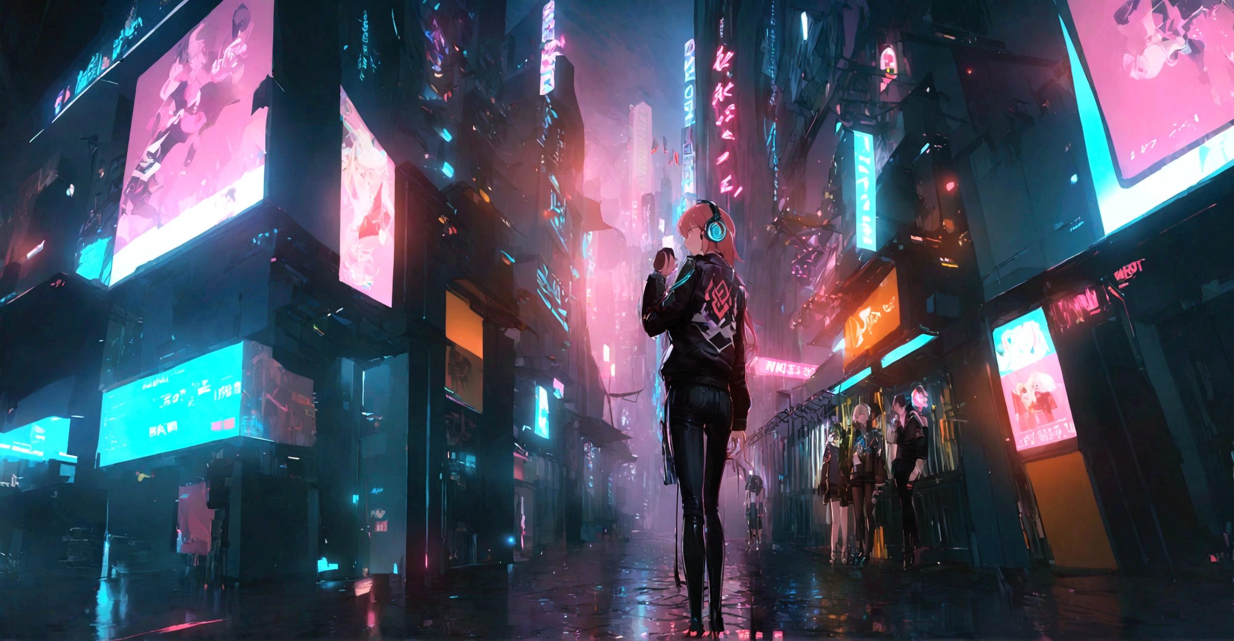highest quality、masterpiece、night、Headphones、cyber punk、Cyber City、One Girl、Long Shot、Wide Shot