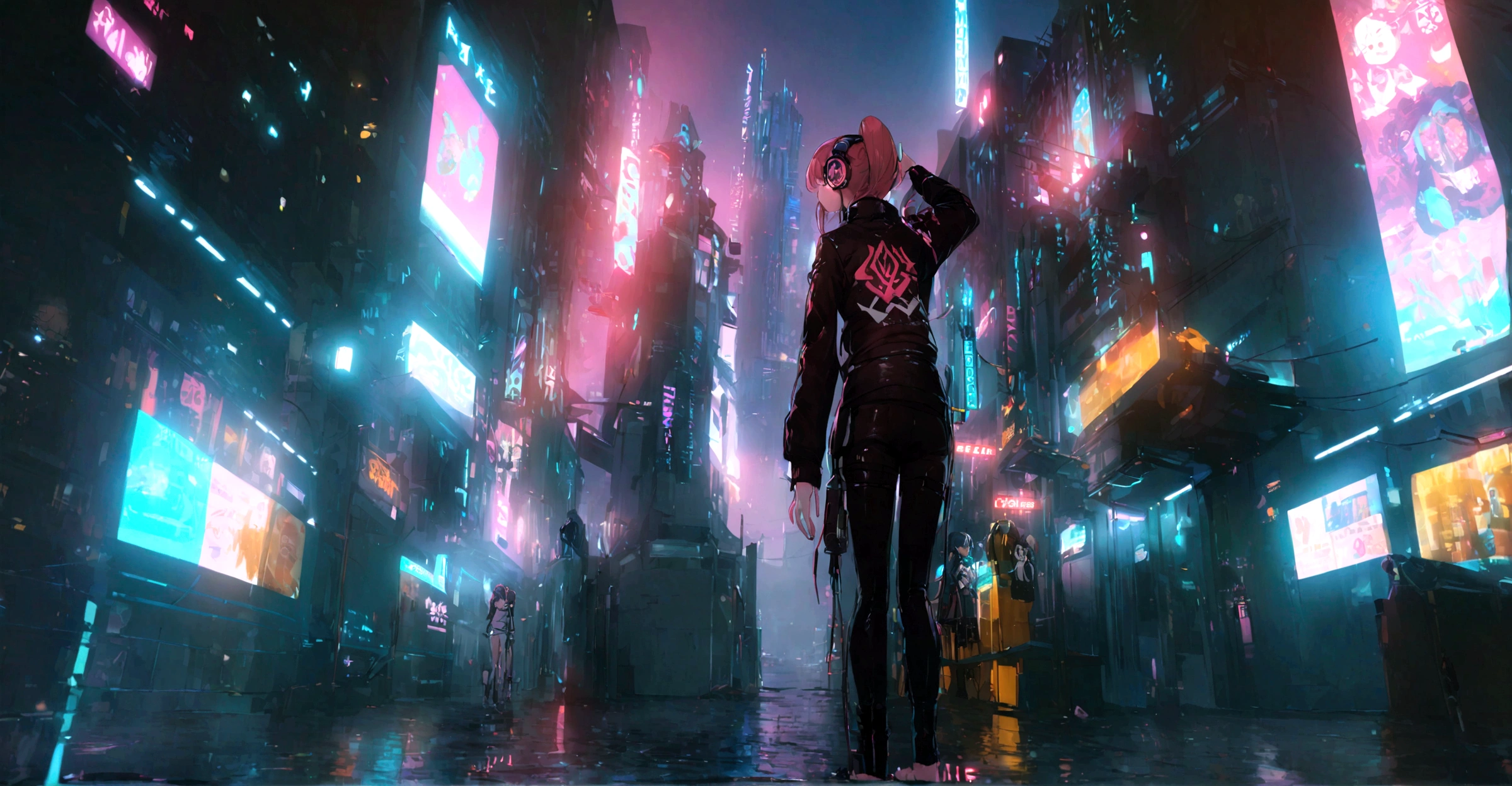 highest quality、masterpiece、night、Headphones、cyber punk、Cyber City、One Girl、Long Shot、Wide Shot