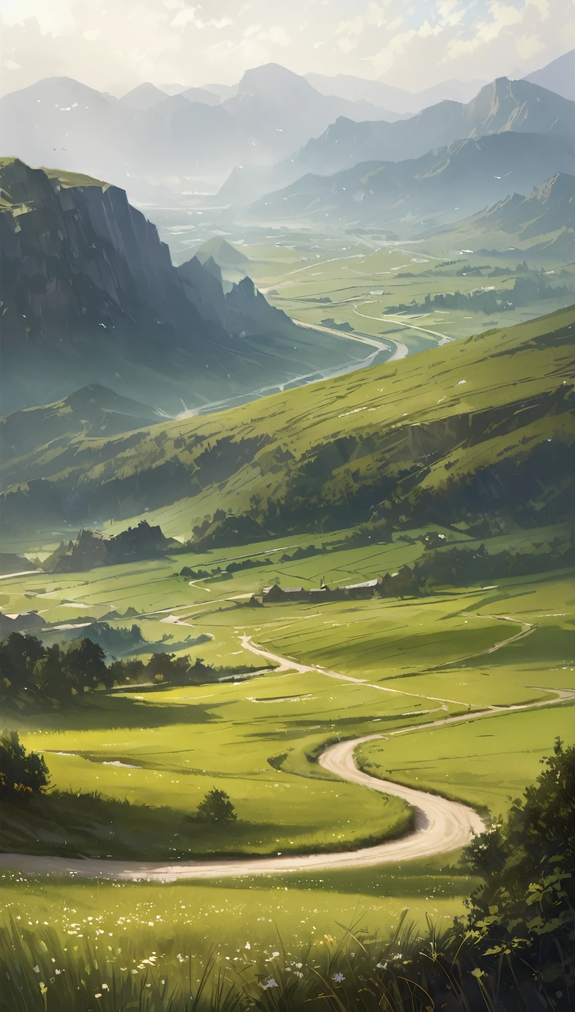Road to the Sky、A straight road that goes up and down again and again into the sky、Hilly Meadows、(((Landscape painting)))、{{masterpiece、highest quality、(((Realistic、Realistic:1.37)))、8K quality}}、wide々and a sight、refreshing、Windblown grassland、