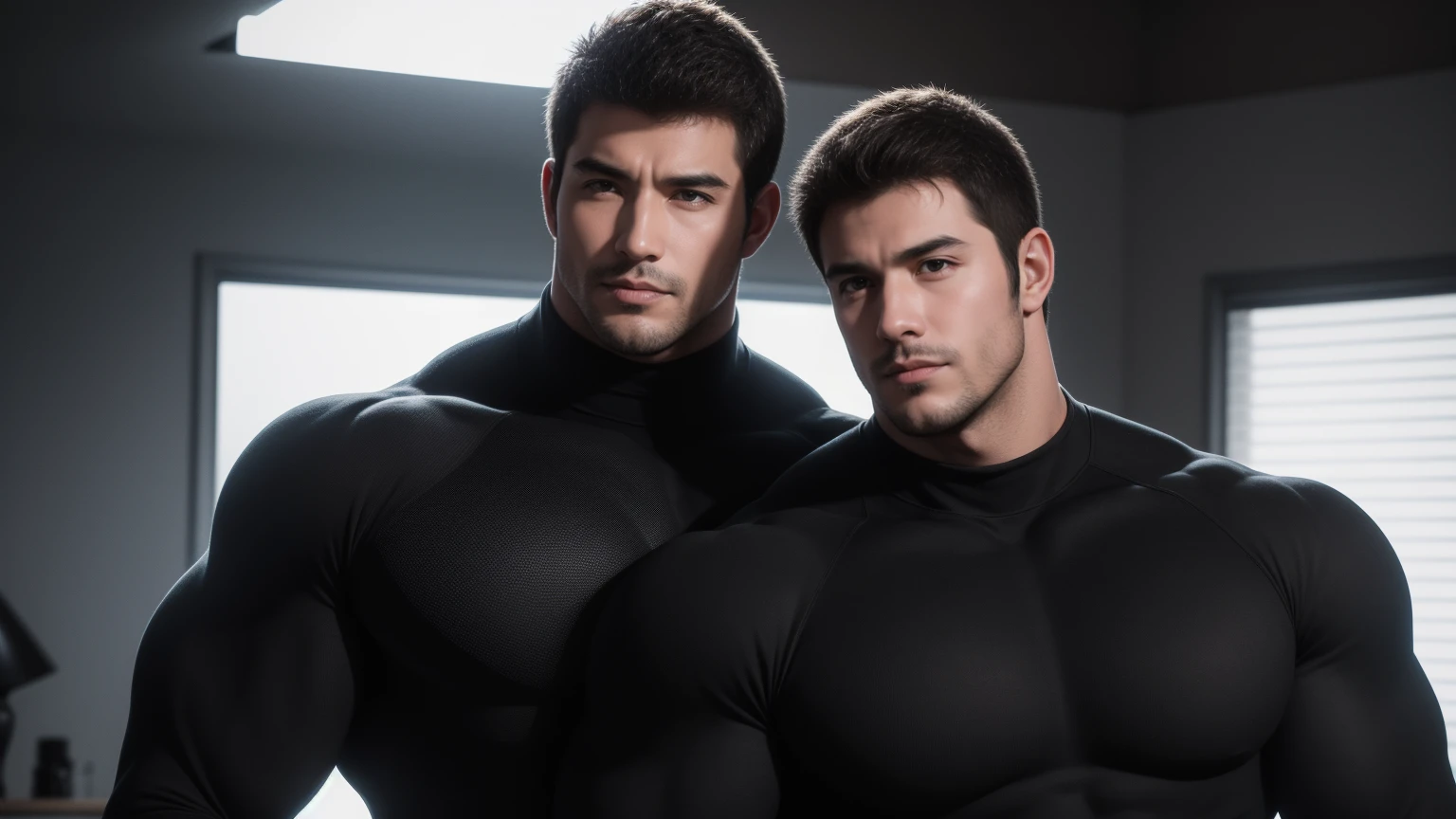 Super muscular man hugging, kissing and caressing, They hugged each other tightly on the soft sofa,Evil smile,Look at each other affectionately,They hugged each other affectionately,Buzz Cut,In the bedroom of a luxurious and noble mansion, Wear a dark khaki turtleneck with long sleeves, Thickened warm elastic texture,They look happy,Open your mouth,Smiling wickedly, Thick thighs, Messy hair, Thick thighs, Turtleneck Long Sleeve Dark Khaki Turtleneck Bodysuit, Very large feet wearing combat boots,very tight, Regular symmetrical pattern, Highlight muscles, Police uniform pants, Very large feet wearing combat boots,character concept(Resident Evil - Chris Redfield, Chris Redfield)A proud expression, Deep and charming eyes, Heroic male pose, tall Burly, muscular!muscular thighs, tough guy, perfect facial features, High, Burly, Heqiang, Super polished and cool, High Resolution Committee, Charismatic, The sun shines through the customers