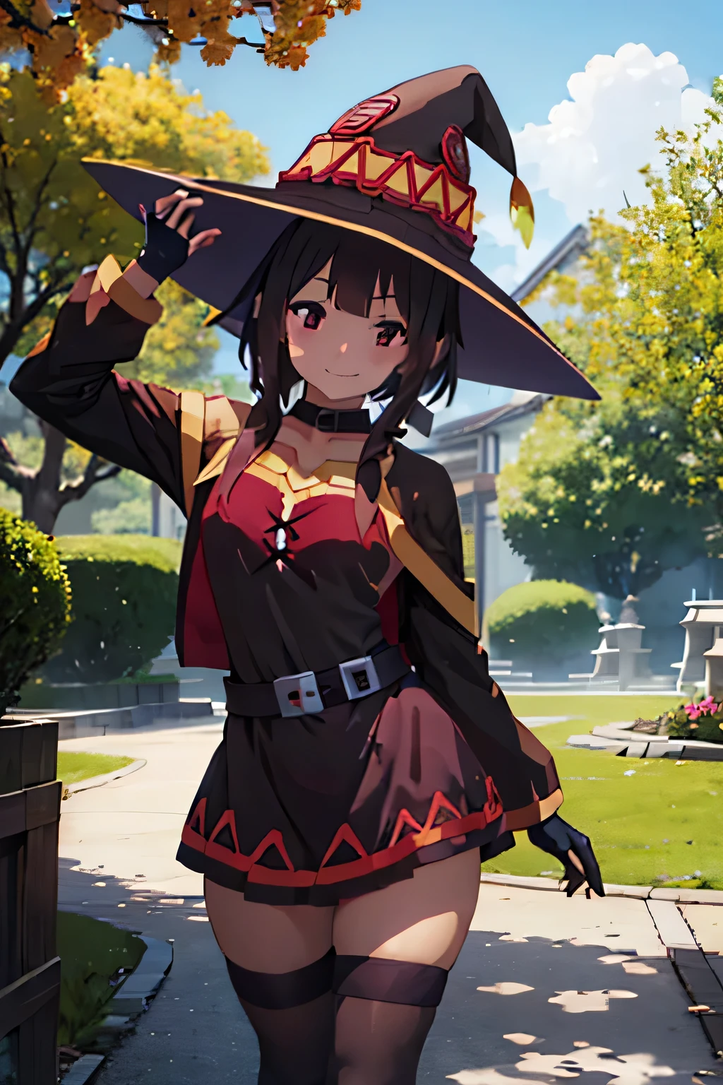 obra maestra, mejor calidad), detalles intrincados, 1 chica, , vestido,, sonrisa, Bandages, Fingerless Gloves, Mini-dress, Witch Hat, style of megumin, pose sexy, dynamic angle, obra maestra, de primera calidad, de pie, (borgar: 1.1), nubes, background of a japanese cherry garden, petals in the air. alta calidad, mira desde abajo 
