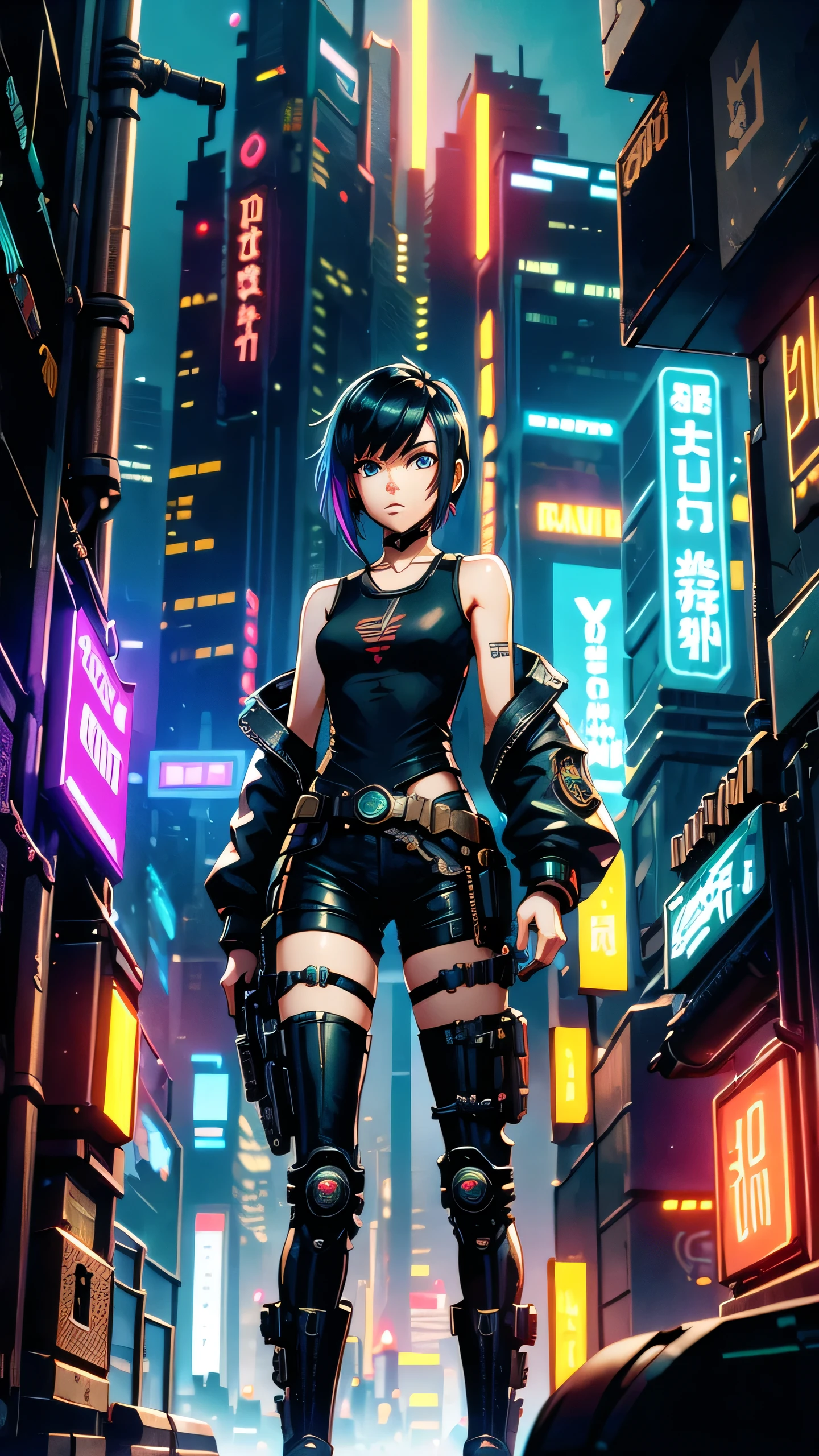 ((cyberpunk style)), Hi-Tech city, mechanical enhancement, (high-tech fantasy), robotics, blade runner 2049, ((steampunk style)), (mechanisms), fantasy, gear decoration, Neon city at night、Tank Top Girl,Short-haired girl
