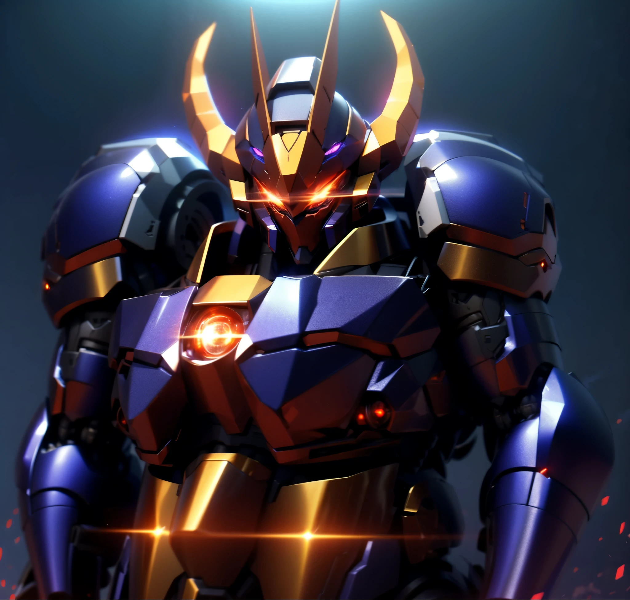 Robot, red mono eyes, blue and purple gradient body, high quality, golden horns on head, heavily armored,Robot, red glowing mono eyes, purple field body, high quality, silver horns on head, heavily armored, blue black shoulders, arm armor in austere shade,