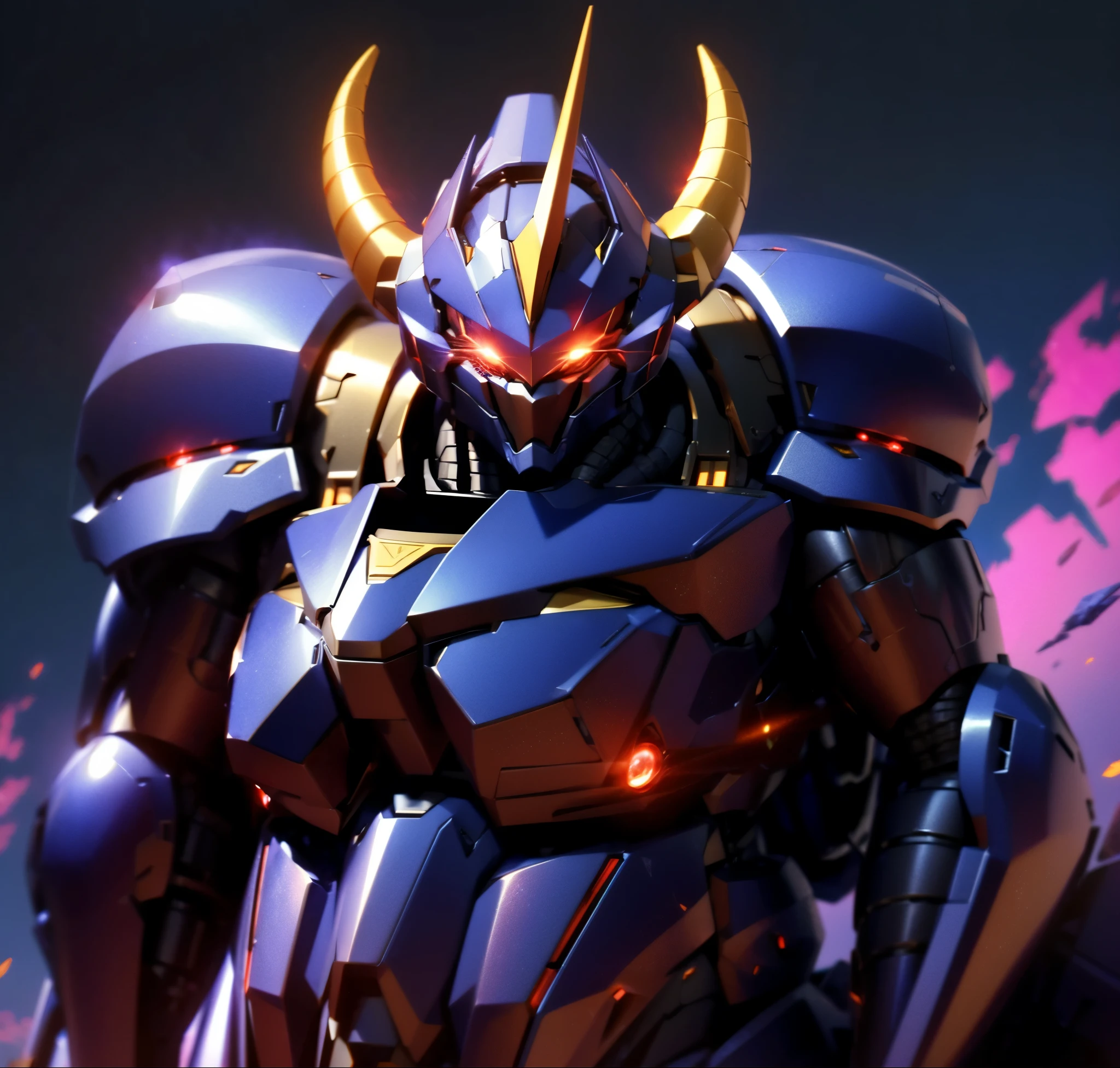 Robot, red mono eyes, blue and purple gradient body, high quality, golden horns on head, heavily armored,Robot, red glowing mono eyes, purple field body, high quality, silver horns on head, heavily armored, blue black shoulders, arm armor in austere shade,
