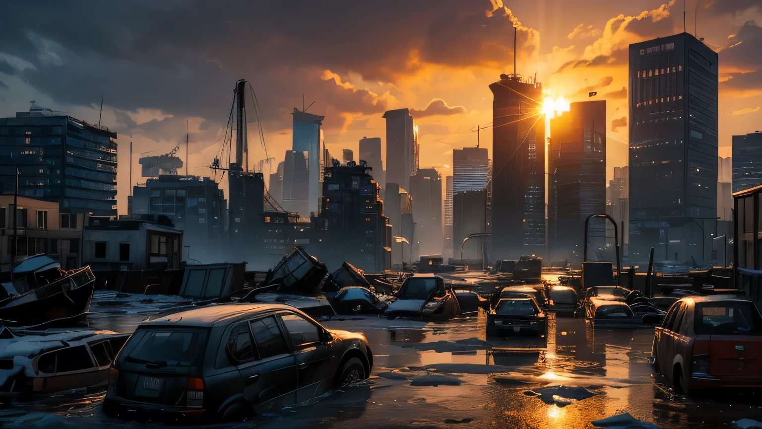 Dramatic lighting, chiaroscuro, post-apocalyptic city, viewed from ground level, flooded Dutch city, Rotterdam, no signs of life, sunken shipping containers, broken vehicles, mangled dockyard cranes in the distance, rubble, snow, frozen water, sunset
