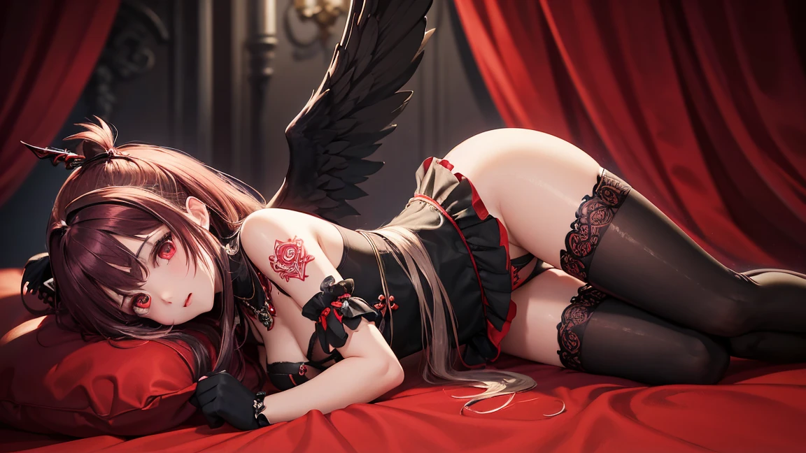 (Top quality), (Super detail), (Hi-res) One cute Tantra dark angel meditation girl, red eyes, small nose, Black and red wings, colored inner messy hair, full body Tantra tatto, metallic sexy body stockings, gothic costume, Magic Circle, Elemental, quality