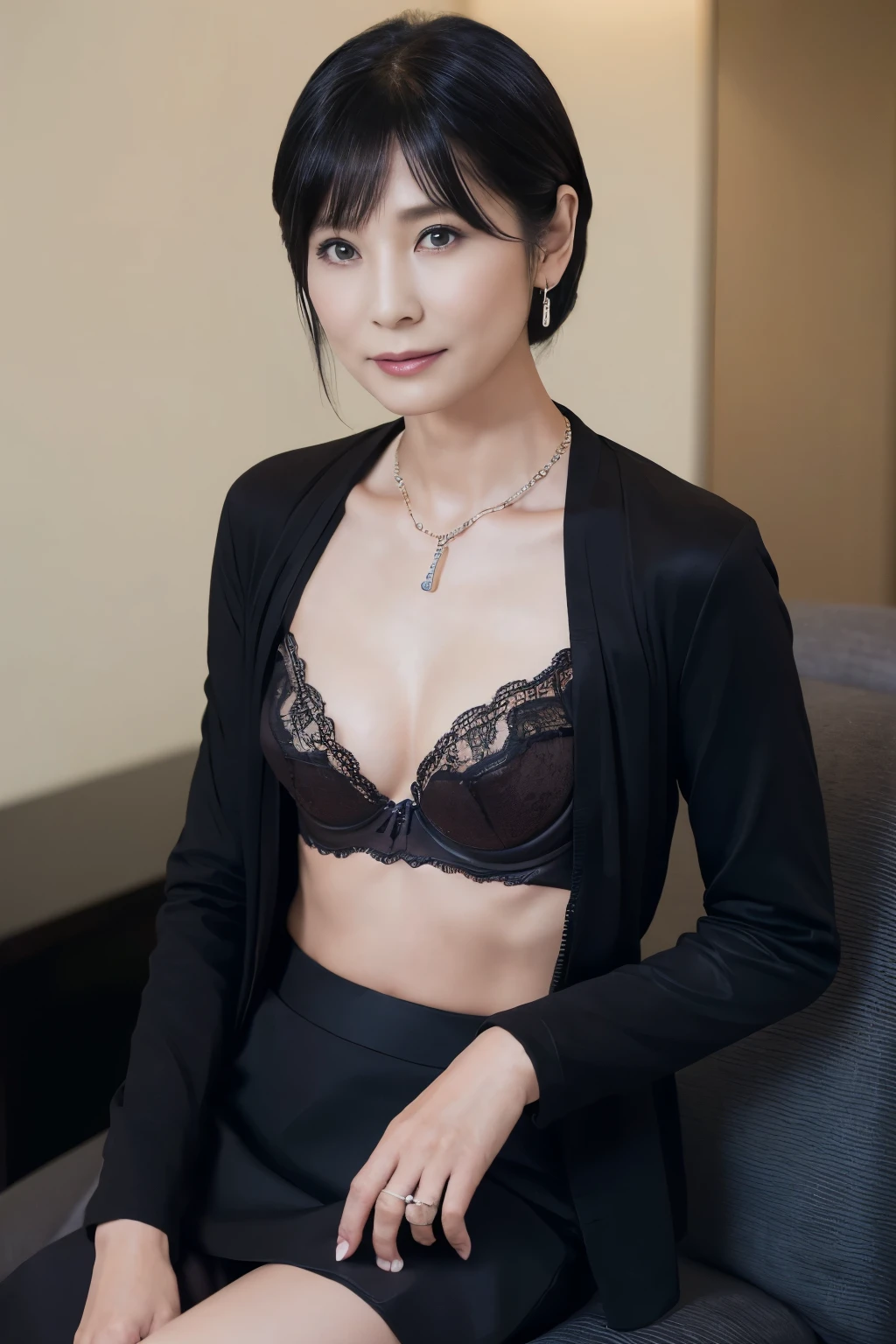 seating,(55yo worman:1.4) ,(make up:1.5),Necklaces, rings, earrings, watches, jewellery,suit,2 lady,realistic,(ultra quality:1.2),high quality,masterpiece,(ultra detailed:1.4),japanese girl,beautiful face,(real dark color bra:1.5),(skirt:1.2),((hotel)),(small breast:1.4),slender,highres,jacket,buttocks