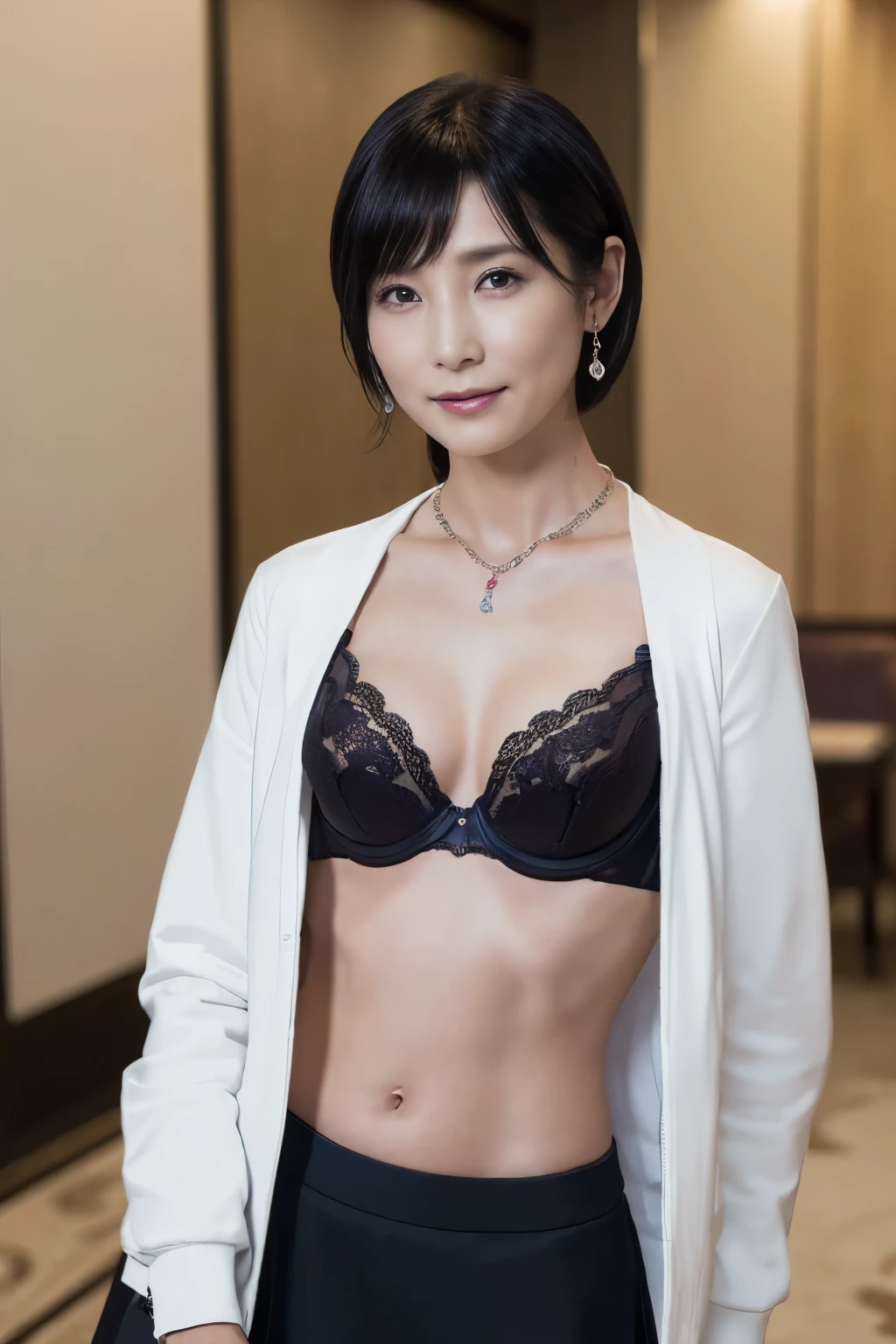 seating,(55yo worman:1.4) ,(make up:1.5),Necklaces, rings, earrings, watches, jewellery,suit,2 lady,realistic,(ultra quality:1.2),high quality,masterpiece,(ultra detailed:1.4),japanese girl,beautiful face,(real dark color bra:1.5),(skirt:1.2),((hotel)),(small breast:1.4),slender,highres,jacket,buttocks