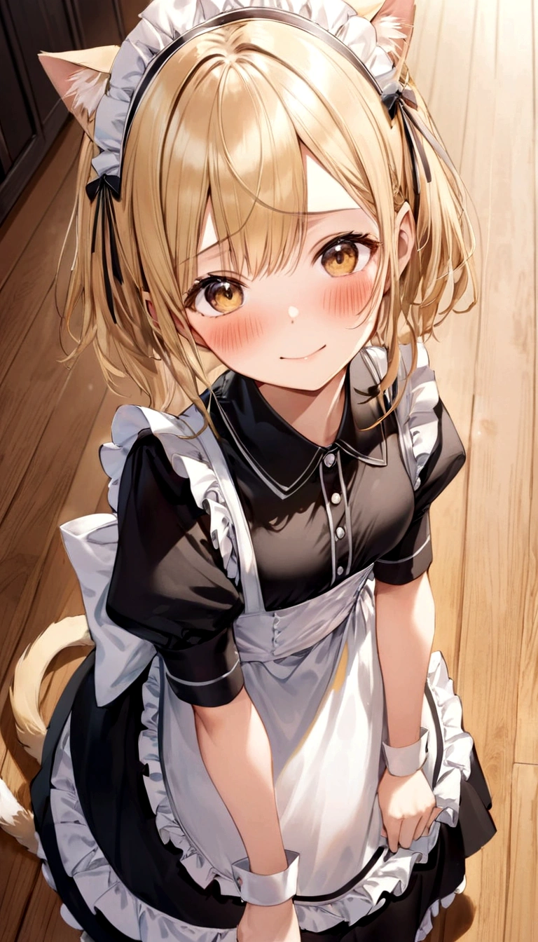 1girl, blush, catgirl, maid, small, short, looking up at us, blonde hair, smirk, wooden floor