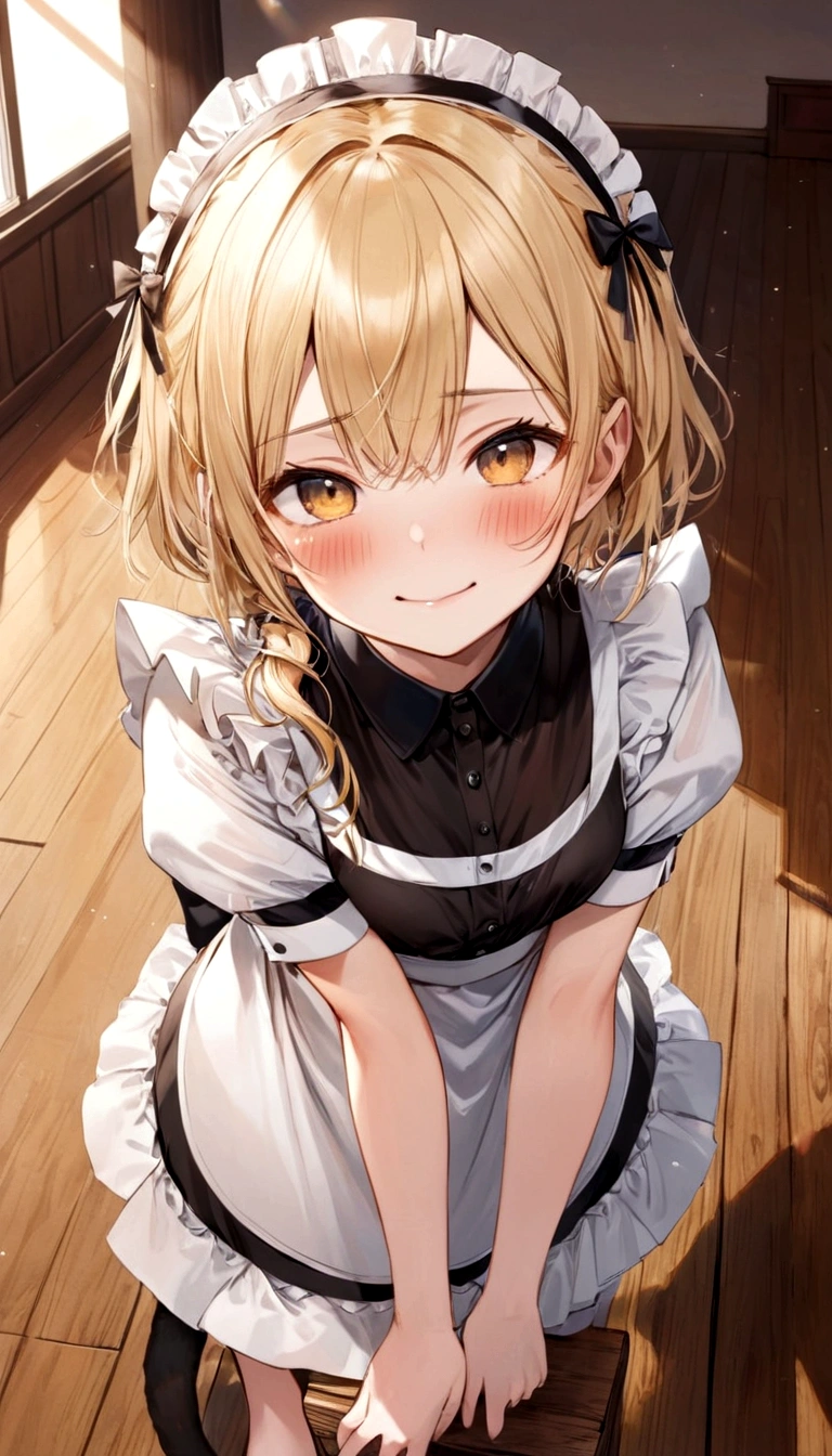 1girl, blush, catgirl, maid, small, short, looking up at us, blonde hair, smirk, wooden floor