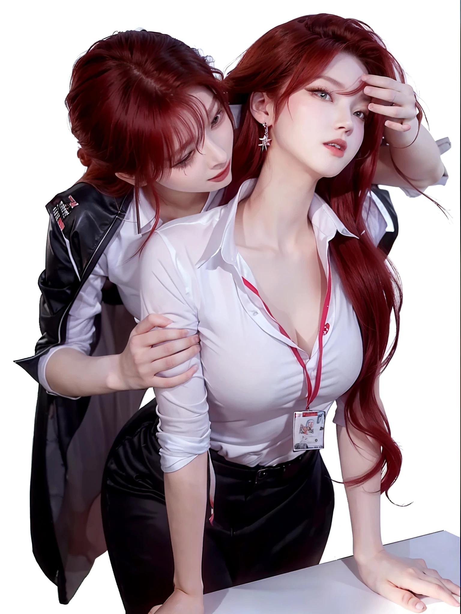 there are two people that are kissing each other in a picture, kissing together cutely, lesbian kiss, Typical Japanese look, Beautiful eyes and lips, a small nose that is sharp and pretty, semi realistic 