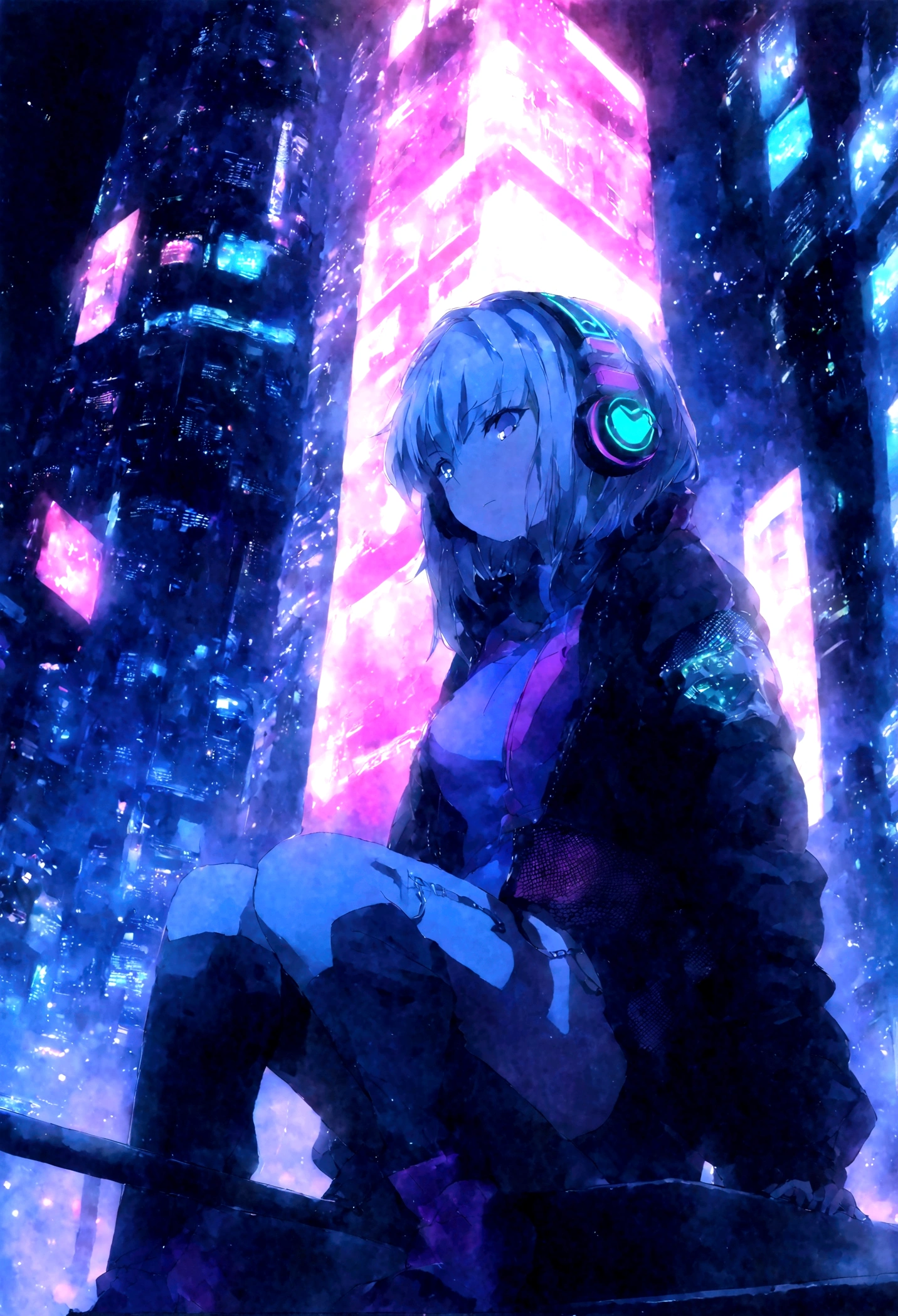 highest quality、masterpiece、night、Headphones、cyber punk、Cyber City、One Girl、Sitting on high ground、Mid Shot、High Position