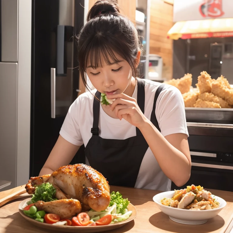 Eat chicken more cleanly.,Looking at the audience,Beginner&#39;s Painting,The dining room in the background.,You have fried chicken in your hand..,Fried chicken is more delicious.,Remove the salad plate.,Add to soft drinks,Shoulders become smaller