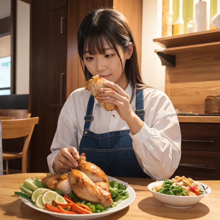 Eat chicken more cleanly.,Looking at the audience,Beginner&#39;s Painting,The dining room in the background.,You have fried chicken in your hand..,Fried chicken is more delicious.,Remove the salad plate.,Add to soft drinks,Shoulders become smaller