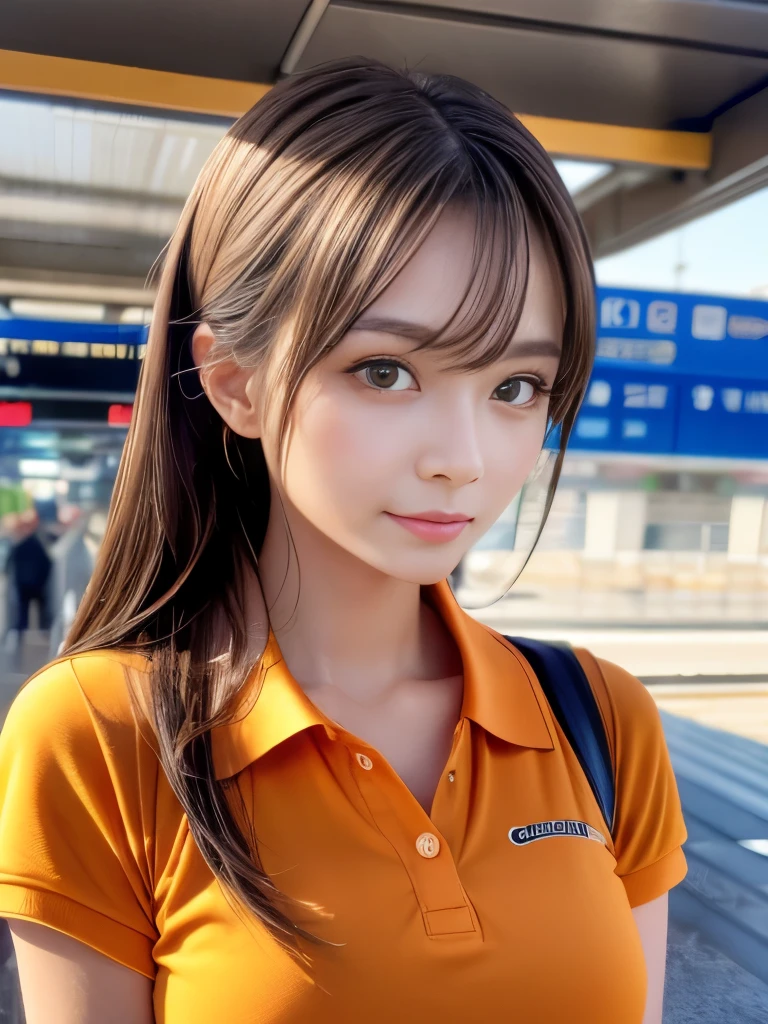 masterpiece, Realistic photos (1 cute Japanese star) Reverse hair, light makeup, Middle breast size, (Orange polo shirt), Hyperrealistic:1.5, At the train station, Canon EOS Clear Facial Features, 16k, High resolution, Sharp and realistic details, Exposure, interrupt, 超High resolution, High resolution, highest quality, Physically Based Octane Rendering, Ultra high definition, Beautiful eyes that seem to draw you in, mysterious, glance at the viewer, Proud face,