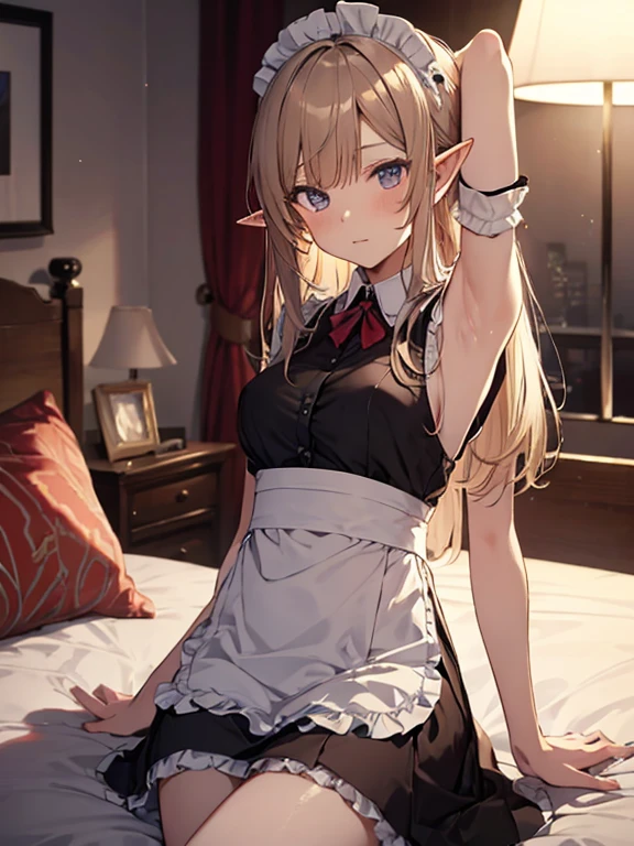 A maid, (in bedroom), various hair styles, night, details face, short skirt, seducing, sleeveless, maid uniform, armpits, elf, on bed