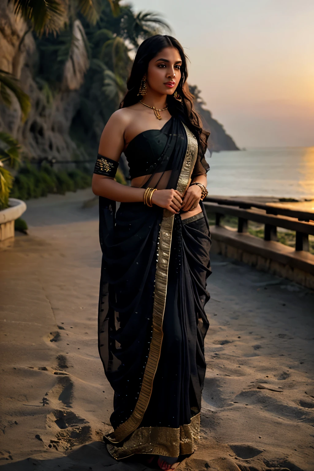 Hyper-detailed portrait of an indian instagram model, elegantly draped with vibrant black saree adorned with intricate gold embroidery, standing gracefully in a seabeach, sunset, exuding serenity and a fresh promise of dawn, captured in Unreal Engine for photorealism and depth