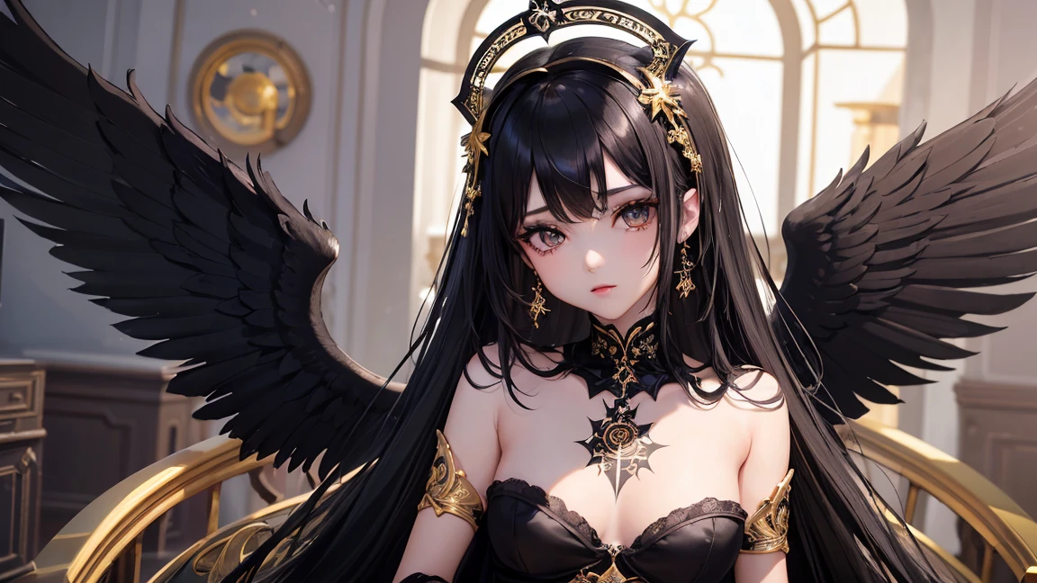 (Top quality), (Super detail), (Hi-res) One cute Tantra dark angel gothic girl, gold black eyes, small nose, white skin, dark Black wings, black hair, full body Tantra tatto, metallic sexy costume, Magic Circle, psychedelic healing meditation, sit down M