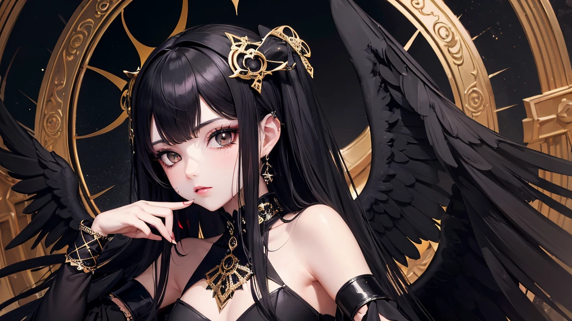 (Top quality), (Super detail), (Hi-res) One cute Tantra dark angel gothic girl, gold black eyes, small nose, white skin, dark Black wings, black hair, full body Tantra tatto, metallic sexy costume, Magic Circle, psychedelic healing meditation, sit down M
