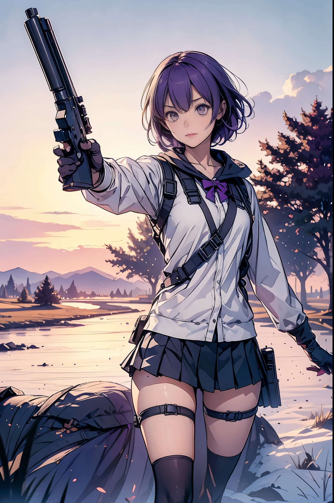 1girl, solo, short hair, skirt, shirt, gloves, white background, bow, holding, , purple eyes, white shirt, weapon, purple hair, pleated skirt, shoes, black gloves, socks, bowtie, holding weapon, gun, sneakers, holding gun, armband, rifle, grey skirt, headset, assault rifle, grey gloves, load bearing vest