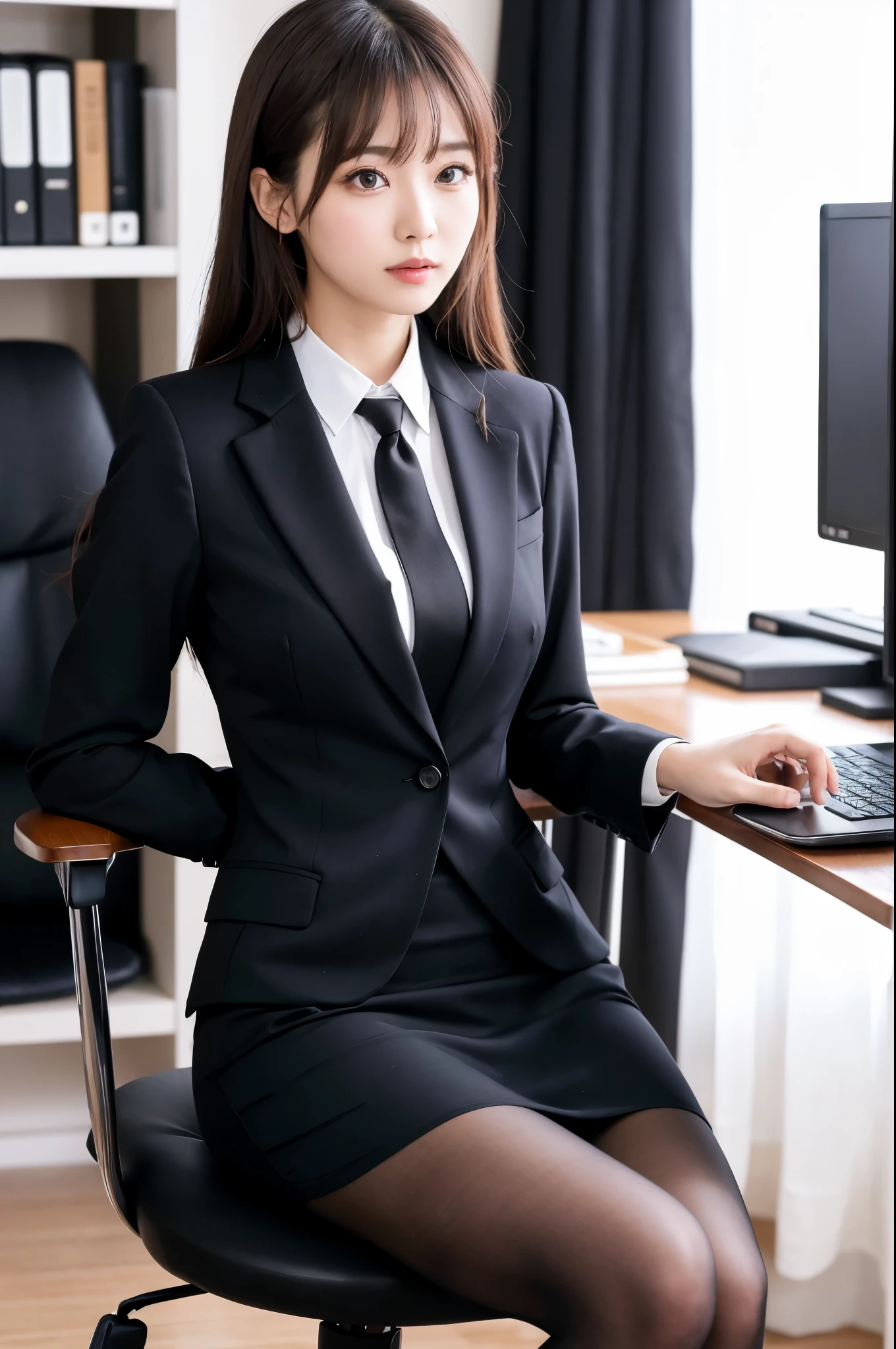 (masterpiece), ((highest quality)), (masterpiece,highest quality,Official Art,Highly detailed CG Unity 8k wallpaper), (The most noble and beautiful), (Mastepiece), (高学歴のwoman),Beauty Photography, woman，alone,(An elegant, upper-class, super elite secretary in a business shirt),Perfect look，double eyelidの目，Delicate makeup， Working in the office,厳格なsuitを着ている, (Wearing pantyhose),Wear high-end heels,Girl in a shirt, suitを着た, Huge boobs,Esbian all over,suitを着た, suitを着た, merchant, Business attire, 黒いsuitを着て, Please wear a shirt and skirt, suitを着たwoman, suit，Computer chair，please sit down，Erlang&#39;Foot，High heels，Show Viewer，Bright，Intricate details，Feet Focus,((Shooting from below)),Cool Beauty,(Tall Girl),Dark brown hair, Small earrings,Accurately expresses details such as face and skin texture,(The most beautiful face and eyes), double eyelid,Delicate skin,Slim figure,alone,Big Breasts,(最も美しく高貴なSmall earringsを着けて), Silk blouse, Glossy black pantyhose