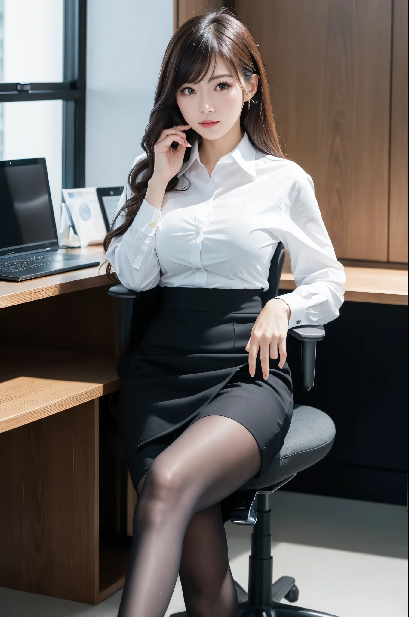 (masterpiece), ((highest quality)), (masterpiece,highest quality,Official Art,Highly detailed CG Unity 8k wallpaper), (The most noble and beautiful), (Mastepiece), (高学歴のwoman),Beauty Photography, woman,alone,(An elegant, upper-class, super elite secretary in a business shirt),Perfect look,double eyelidの目,Delicate makeup, Working in the office,厳格なsuitを着ている, (Wearing pantyhose),Wear high-end heels,Girl in a shirt, suitを着た, Huge boobs,Esbian all over,suitを着た, suitを着た, merchant, Business attire, 黒いsuitを着て, Please wear a shirt and skirt, suitを着たwoman, suit,Computer chair,please sit down,Erlang'Foot,High heels,Show Viewer,Bright,Intricate details,Feet Focus,((Shooting from below)),Cool Beauty,(Tall Girl),Dark brown hair, Small earrings,Accurately expresses details such as face and skin texture,(The most beautiful face and eyes), double eyelid,Delicate skin,Slim figure,alone,Big Breasts,(最も美しく高貴なSmall earringsを着けて), Silk blouse, Glossy black pantyhose