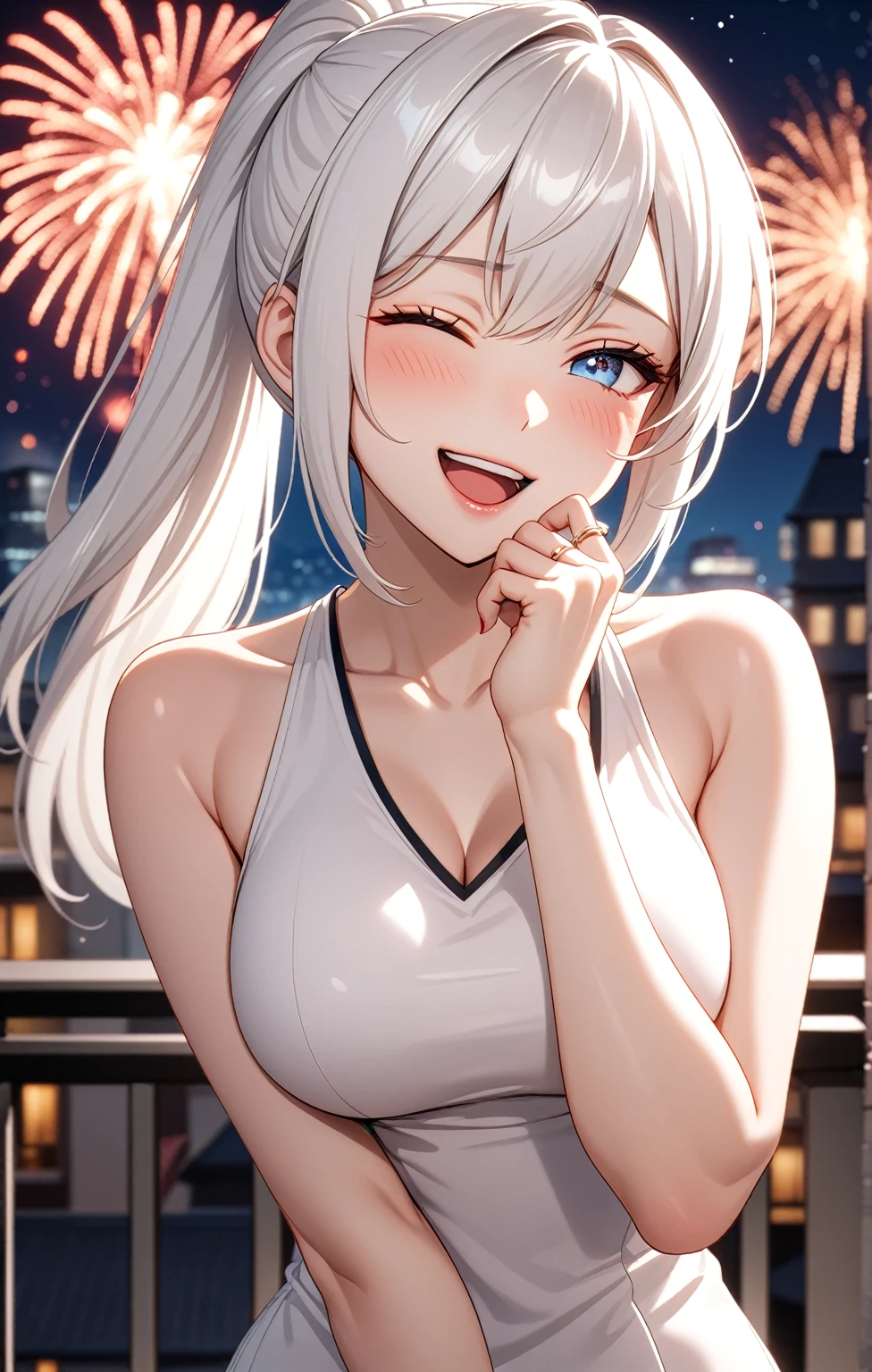 ((one personの女性)), Beautiful Face,Laughing embarrassedly,Laughing with your mouth open,((Wink:2.0)),(Bright red cheeks),Glossy pink lips,night,rooftop,firework,((Anime style background)),masterpiece, highest quality, so beautiful, Latest, Complex details, (Pink long nails),(ring),AI-generated, Complex,High resolution, highest quality, super high quality,3D Images、View your viewers、3D Images,one person,Long white hair,High Ponytail,blue eyes,Anime woman posing for a photo, ((Fine grain、Colorful eyes、Shining Eyes:1.15)),(Squint your eyes:1.1),a hyperRealistic , hyperRealistic , Realistic,Anime woman with long and white hair, Smooth anime CG art, A woman in a colorful kimono with gold embroidery, (White kimono),Red floral pattern,Long flower hair ornament,Big earrings,Mature Body,(Big Breasts:1.3),Tall,Big Ass,Fine details,Narrow waist,Abdominal muscles,(Face close-up:1.4),(A woman clasping their hands in front of their mouth with a delighted expression:1.2)