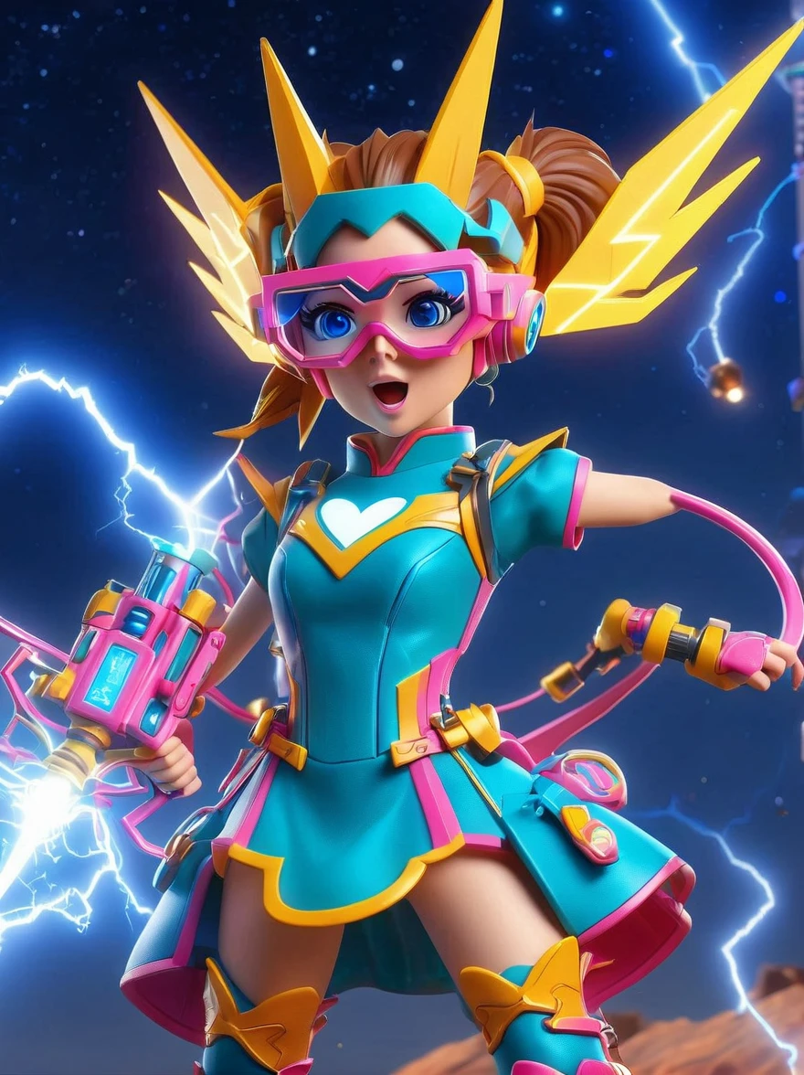1girl, solo, Lightning energy,Electricity elements,Double ponytail,Love tiara,Wearing heart eye glasses,Blue Highlight Lightning,Wearing a bright pink and orange dress,High heel boots,Holding an electric love stick,Space starry sky background,Galactic battleship,Fighting Stance,Explosion,Best quality,Original,cowboy shot,Cartoon Style,3D character rendering,Created with C4D and Blender,precise,Blind box toy style,Super Detail,Anatomically correct,masterpiece, 1djxz1