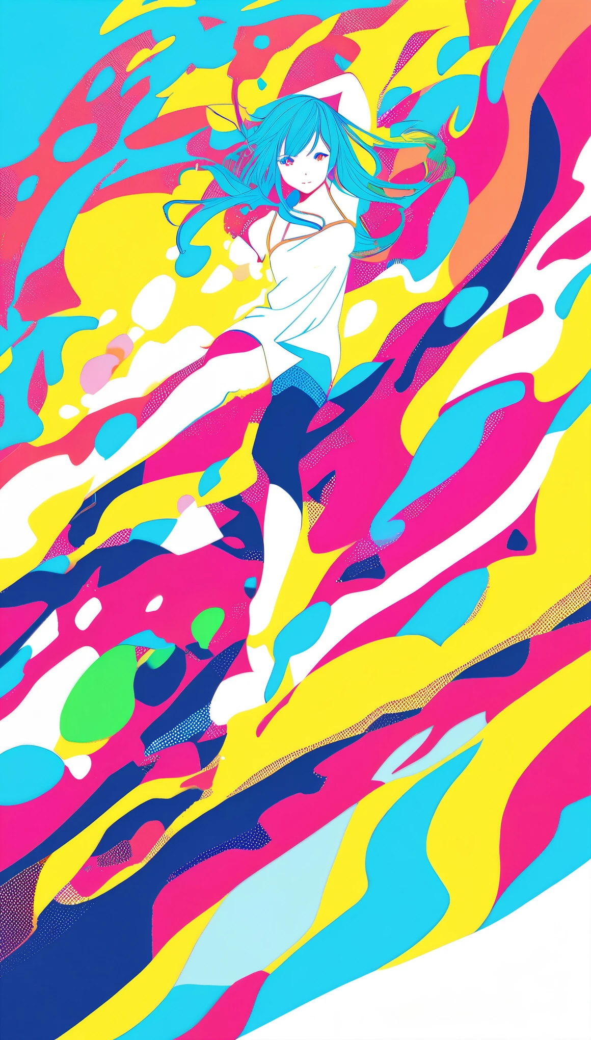 (Super detailed,Ultra-high resolution,Detailed Background),((2D)),((Flat Color)),((colorful)),((floating colorful water)),One girl,alone,View Viewer,break