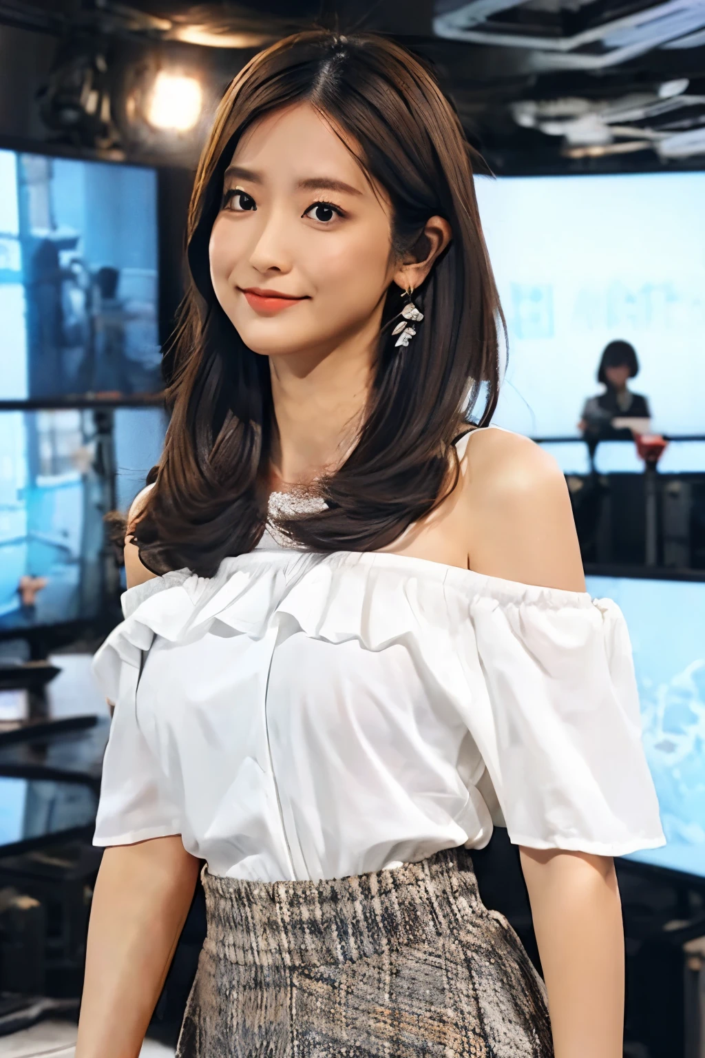 Brown Hair、Big Breasts、Slim body、White off-shoulder shirt、Grey ruffled mini skirt、In the news studio