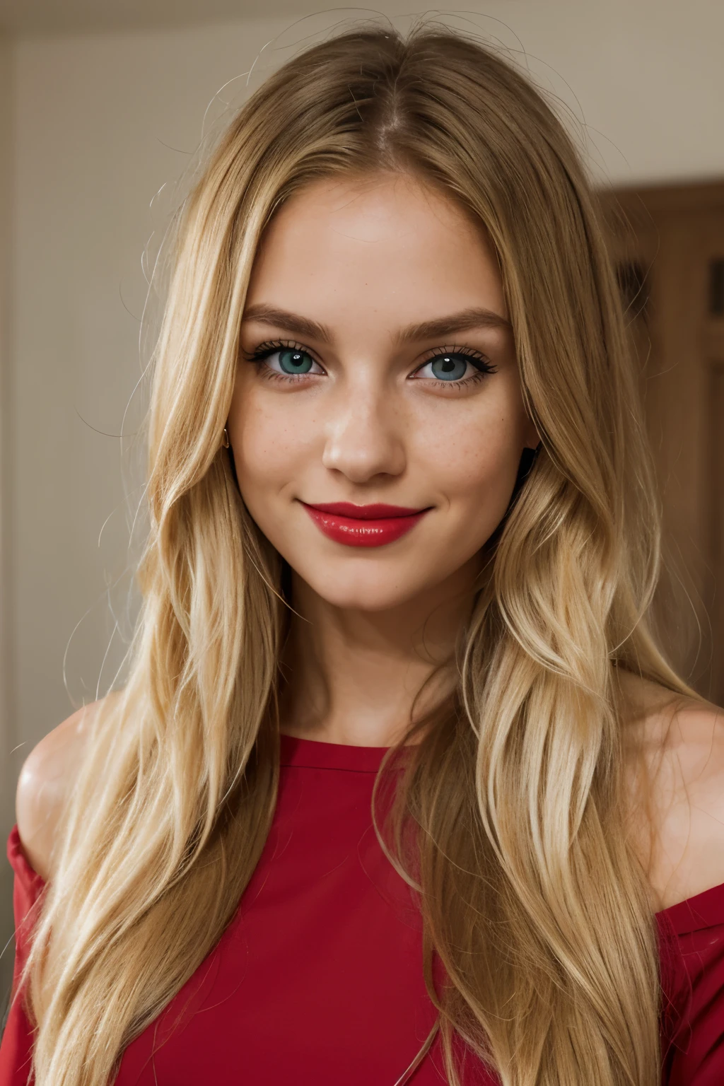 (8k, best quality), large smile, blinking with an eye, ultra high resolution, (realistic, photo-realistic), 1Girl 27 years old, long hair, looking at viewer ((pure blonde hair)) messy hair, grey green eyes, flirting with camera, nicely accentuates the lips, freckles on the cheeks, regulae size , full body, over shoulder, red elegant clothes, red lips, from switzerland,