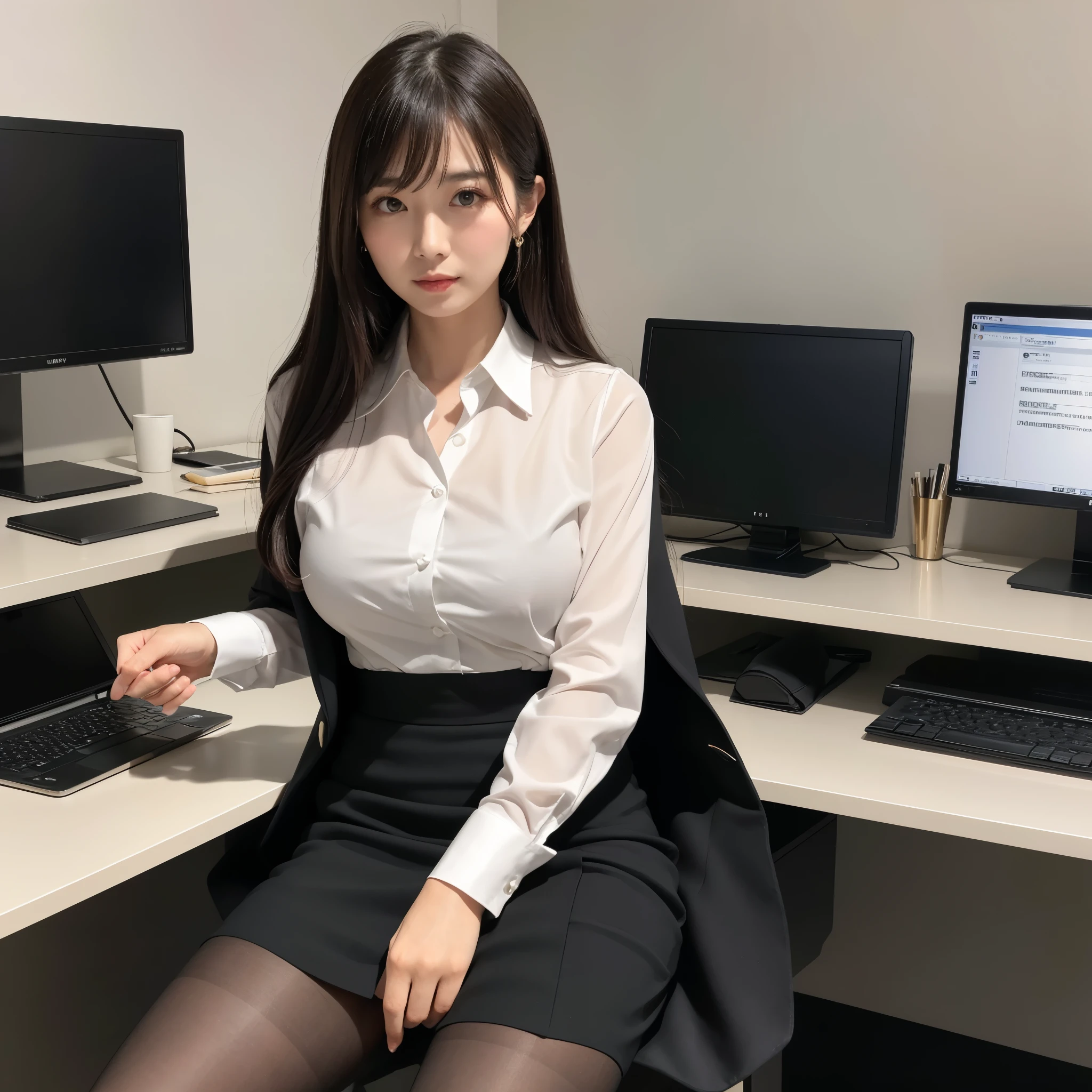 (masterpiece), ((highest quality)), (masterpiece,highest quality,Official Art,Highly detailed CG Unity 8k wallpaper), (The most noble and beautiful), (Mastepiece), (高学歴のwoman),Beauty Photography, woman,alone,(An elegant, upper-class, super elite secretary in a business shirt),Perfect look,double eyelidの目,Delicate makeup, Working in the office,厳格なsuitを着ている, (Wearing pantyhose),Wear high-end heels,Girl in a shirt, suitを着た, Huge boobs,Esbian all over,suitを着た, suitを着た, merchant, Business attire, 黒いsuitを着て, Please wear a shirt and skirt, suitを着たwoman, suit,Computer chair,please sit down,Erlang'Foot,High heels,Show Viewer,Bright,Intricate details,Feet Focus,((Shooting from below)),Cool Beauty,(Tall Girl),Dark brown hair, Small earrings,Accurately expresses details such as face and skin texture,(The most beautiful face and eyes), double eyelid,Delicate skin,Slim figure,alone,Big Breasts,(最も美しく高貴なSmall earringsを着けて), Silk blouse, Glossy black pantyhose