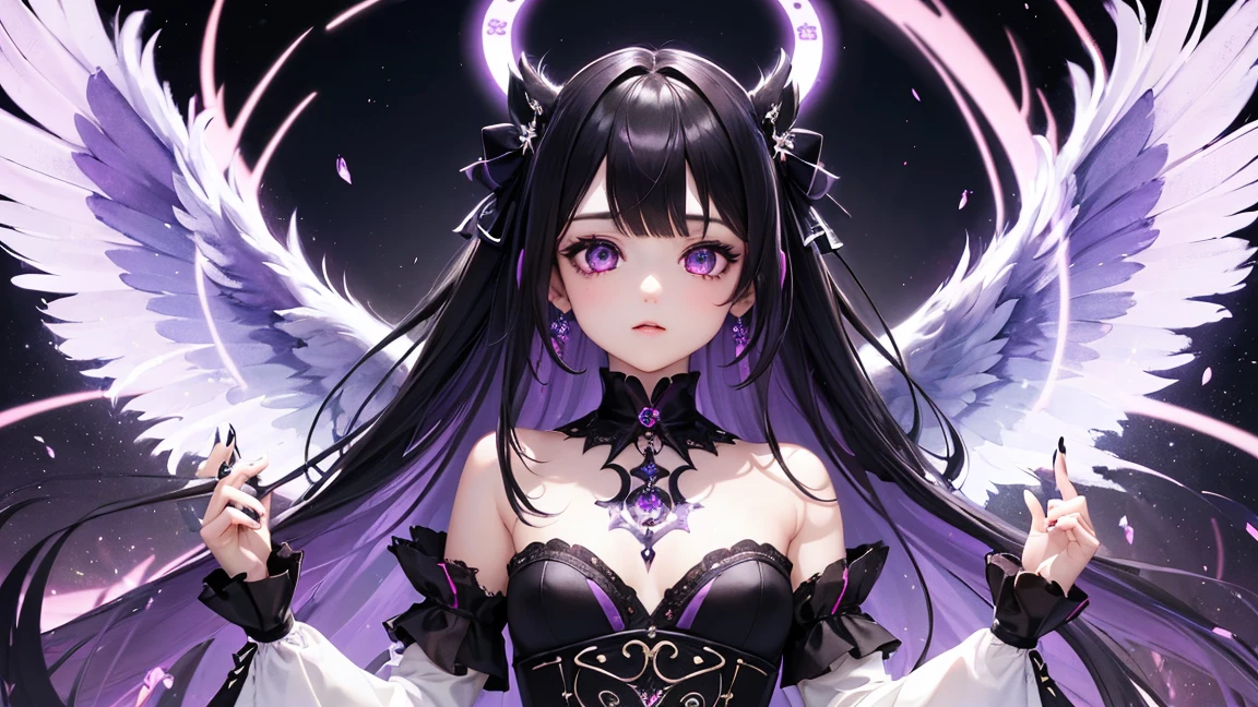 (Top quality), (Super detail), (Hi-res) One cute Tantra brack angel gothic girl, light purple eyes, small nose, white skin, dark Black wings, black hair, full body Tantra tatto, metallic sexy costume, Magic Circle, psychedelic healing meditation, dark