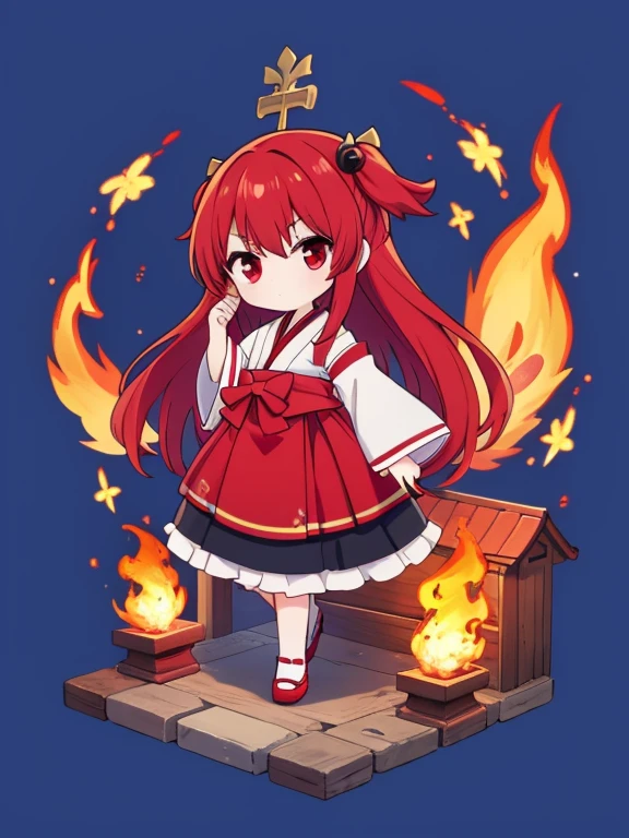 1girl,red hair,red eye,long hair,shrine maiden's outfit,chibi,attitude of caution, full body,blue background,black ornament,simple background,red shoes,fire fairy,with chicken