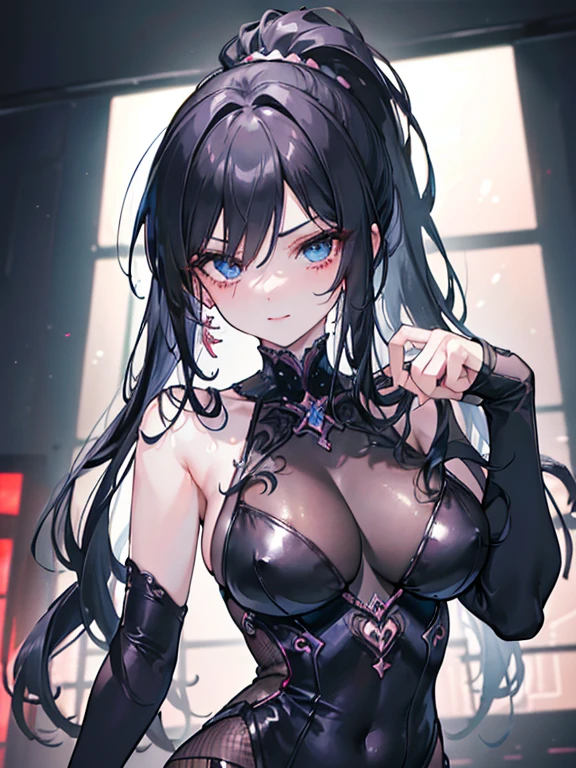 (masterpiece, highest quality, 16k, 8k, ultra High resolution, Long Hair, Black Hair, blue eyes, ponytail, High resolution:1.0),Underlight effect, Light effects caused by reflections from reflectors , Haruhiko_ichijou, Black jumpsuit, Compensate, Red lipstick, Red eyeshadow, Beautiful Face, The face of hyper detail, Hyper Detail Bodysuit, Zipper ajar, Cleavage, (((Big Breasts:1.2))), (((alone:1.5))), ((Mature Woman, Mature Woman, Age 35)), Gorgeous body, (((Upper Body, Half Body Shot:1.5))), ((Hyper Detail Eyeshadow, Hyper Detail Lipstick)), (((looking at the camera, Symmetric, Sharp focus, Intricate details, elegant, Concept Art, Background City Park, Cinematic))), (View directly:1.4), Focus on the thighs, Y-Shaped Balance Pose, Dynamic pose, smile, Standing Split, From below, show off、Nice lingerie、landing,Stage Background,Fine Lines,Detailed girls,